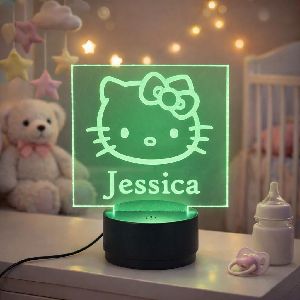 Personalized Kawaii Cat Night Light | 3D Illusion LED Lamp, Nursery Decor