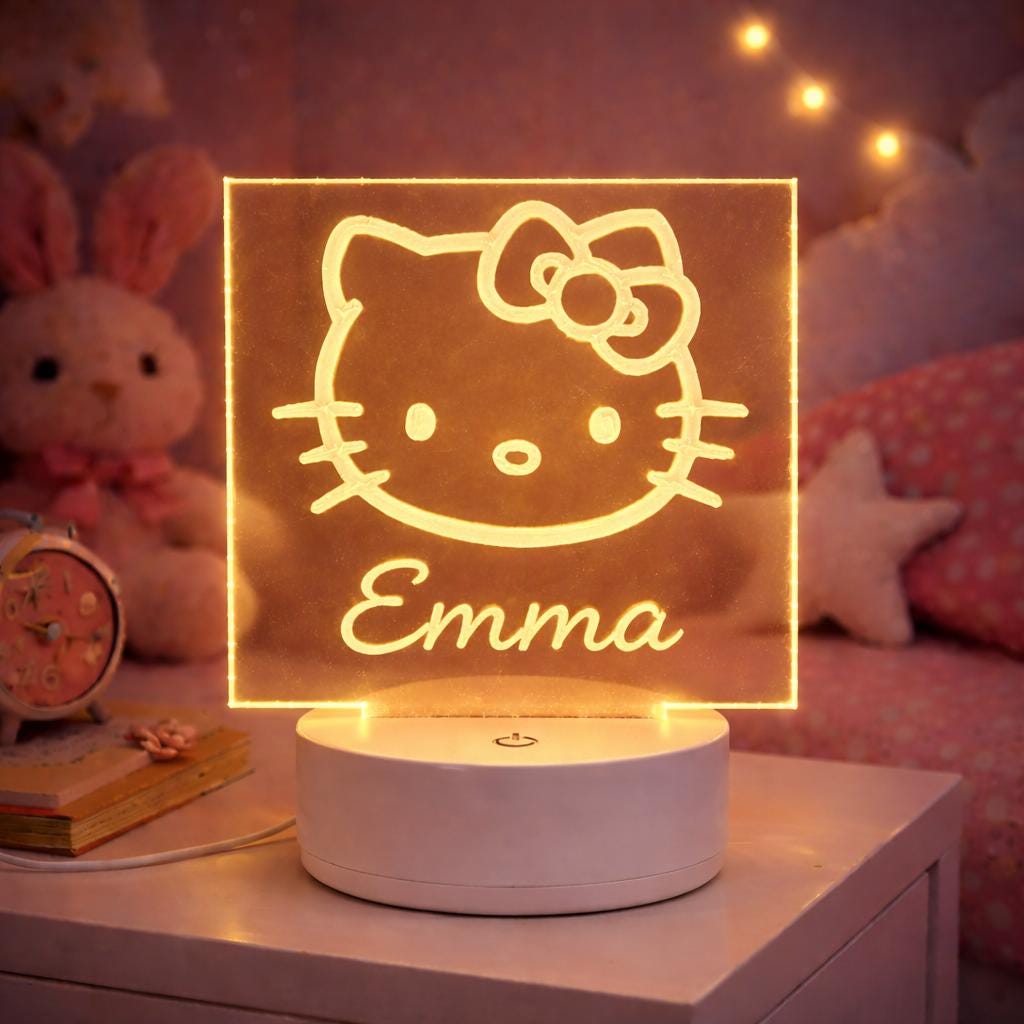 Personalized Kawaii Cat Night Light | 3D Illusion LED Lamp, Nursery Decor