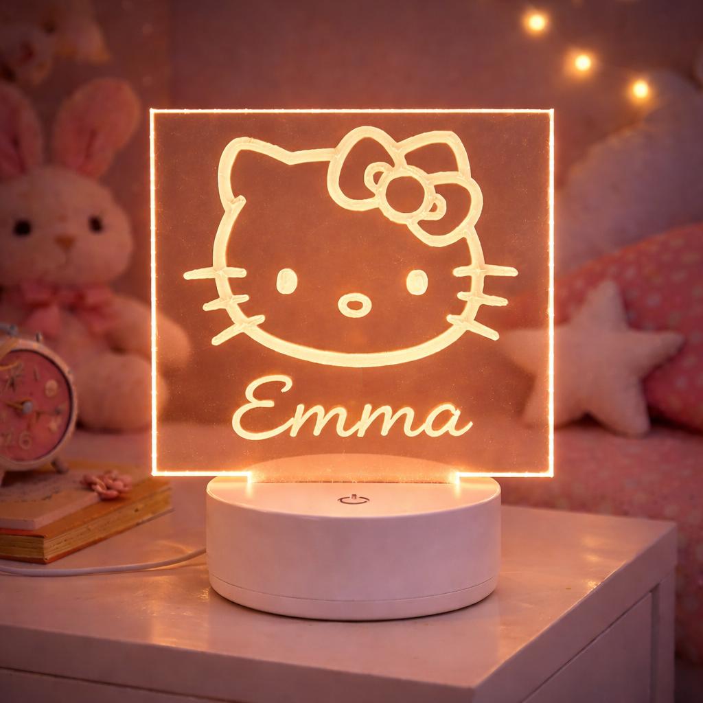 Personalized Kawaii Cat Night Light | 3D Illusion LED Lamp, Nursery Decor