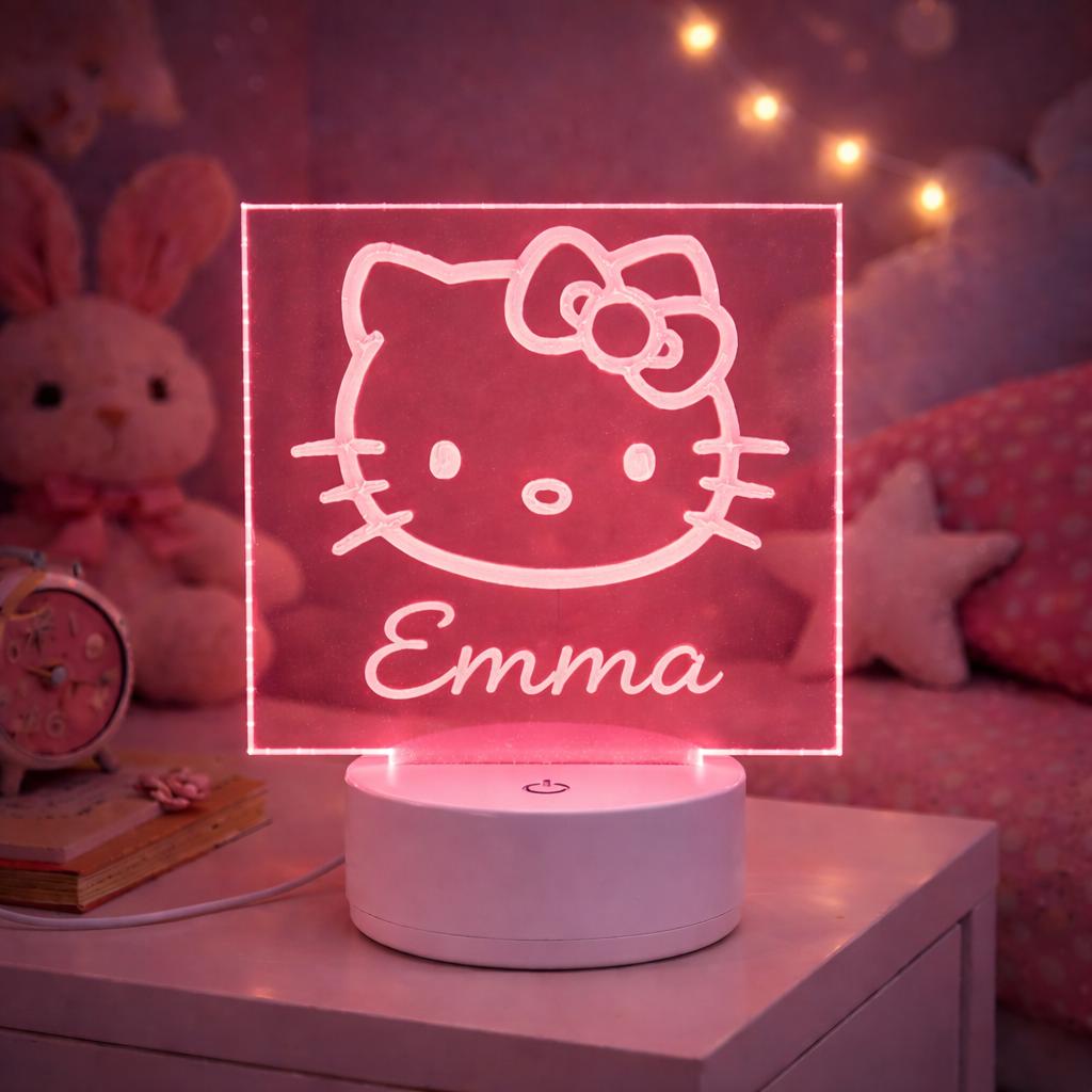Personalized Kawaii Cat Night Light | 3D Illusion LED Lamp, Nursery Decor