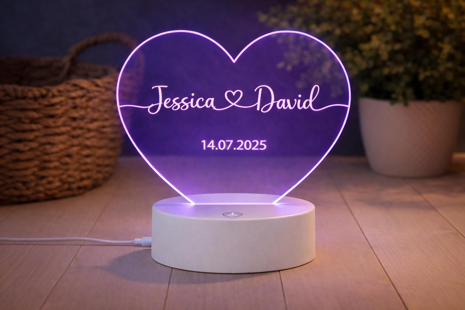 Personalized Heart LED Night Light, Custom Names Date Keepsake, Romantic Couple Gift