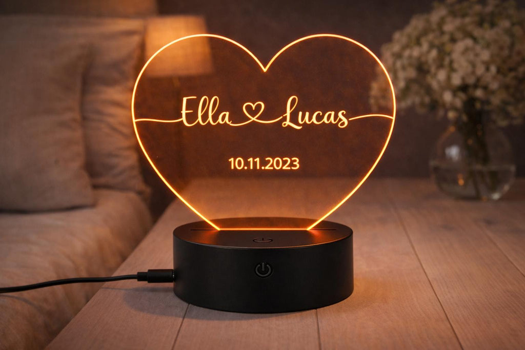 Personalized Heart LED Night Light, Custom Names Date Keepsake, Romantic Couple Gift
