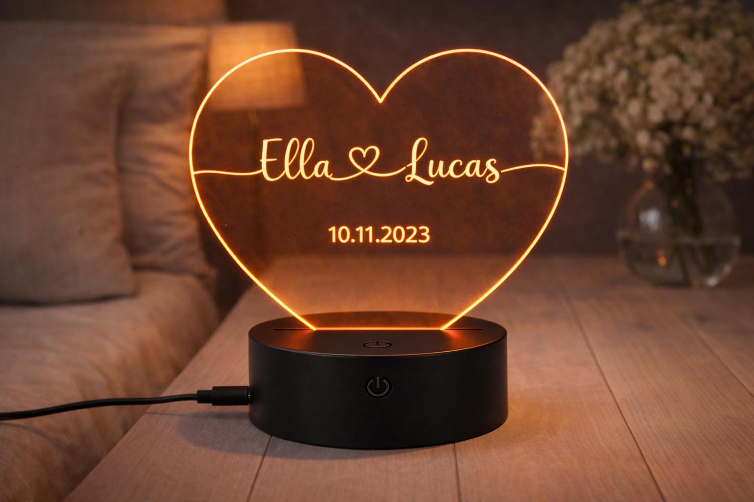 Personalized Heart LED Night Light, Custom Names Date Keepsake, Romantic Couple Gift