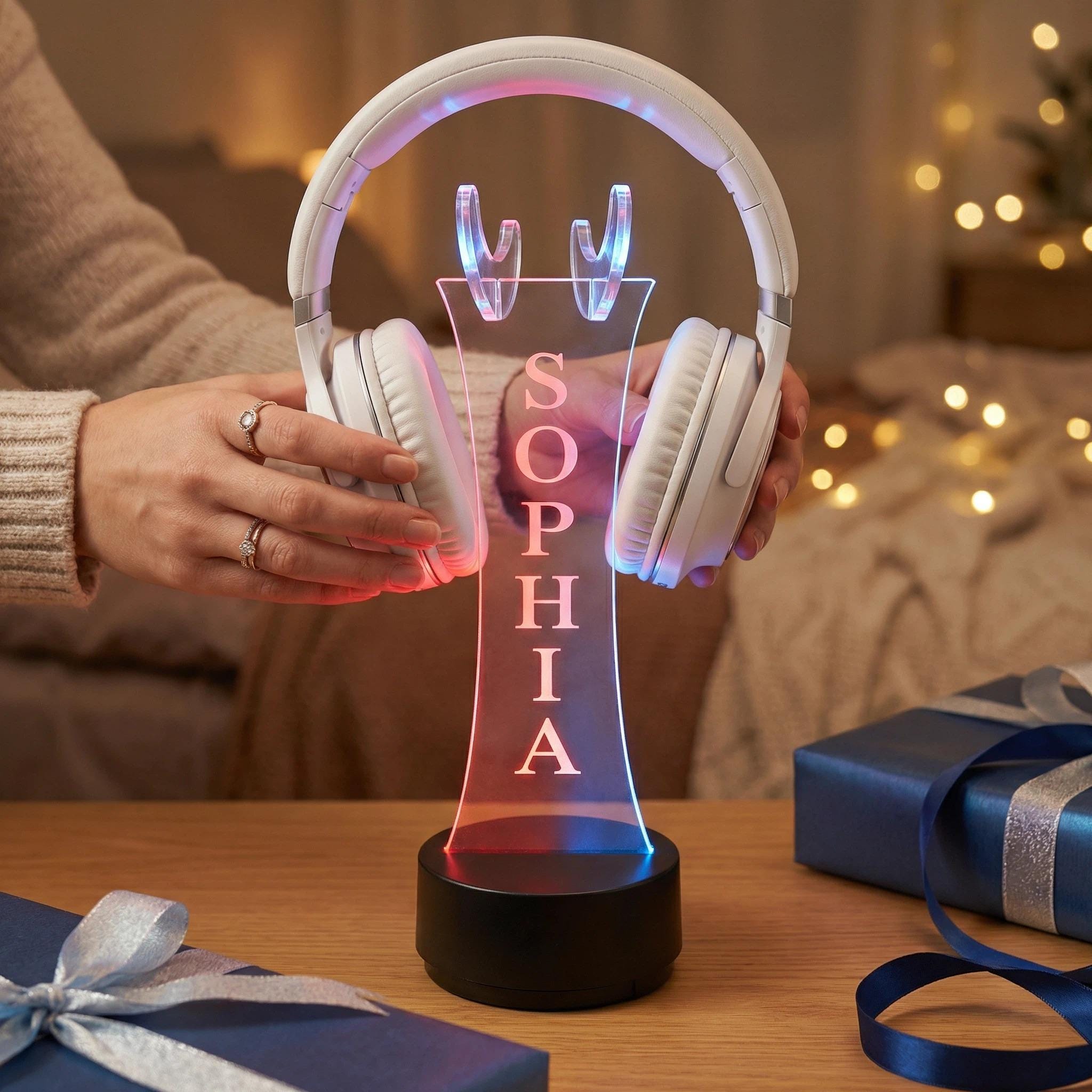 Custom Engraved LED Headphone Stand, RGB Gamer Desk Setup, Acrylic Headset Holder