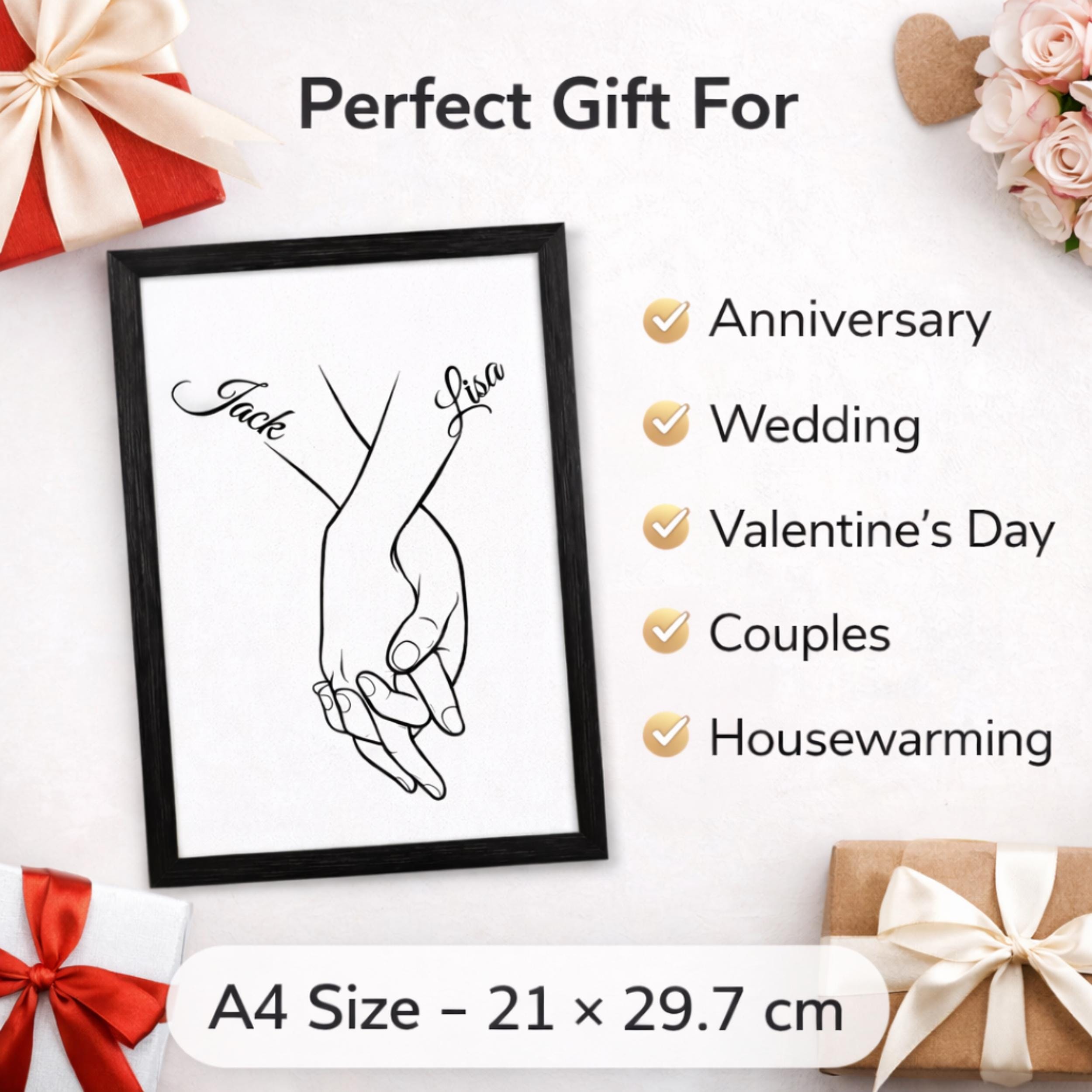 Personalised Holding Hands Print, Couple Wall Art, Anniversary Keepsake (A4 Framed)