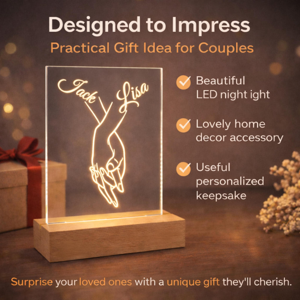Personalised Couple Night Light – Hands Holding Acrylic LED Lamp, Romantic Bedroom Decor