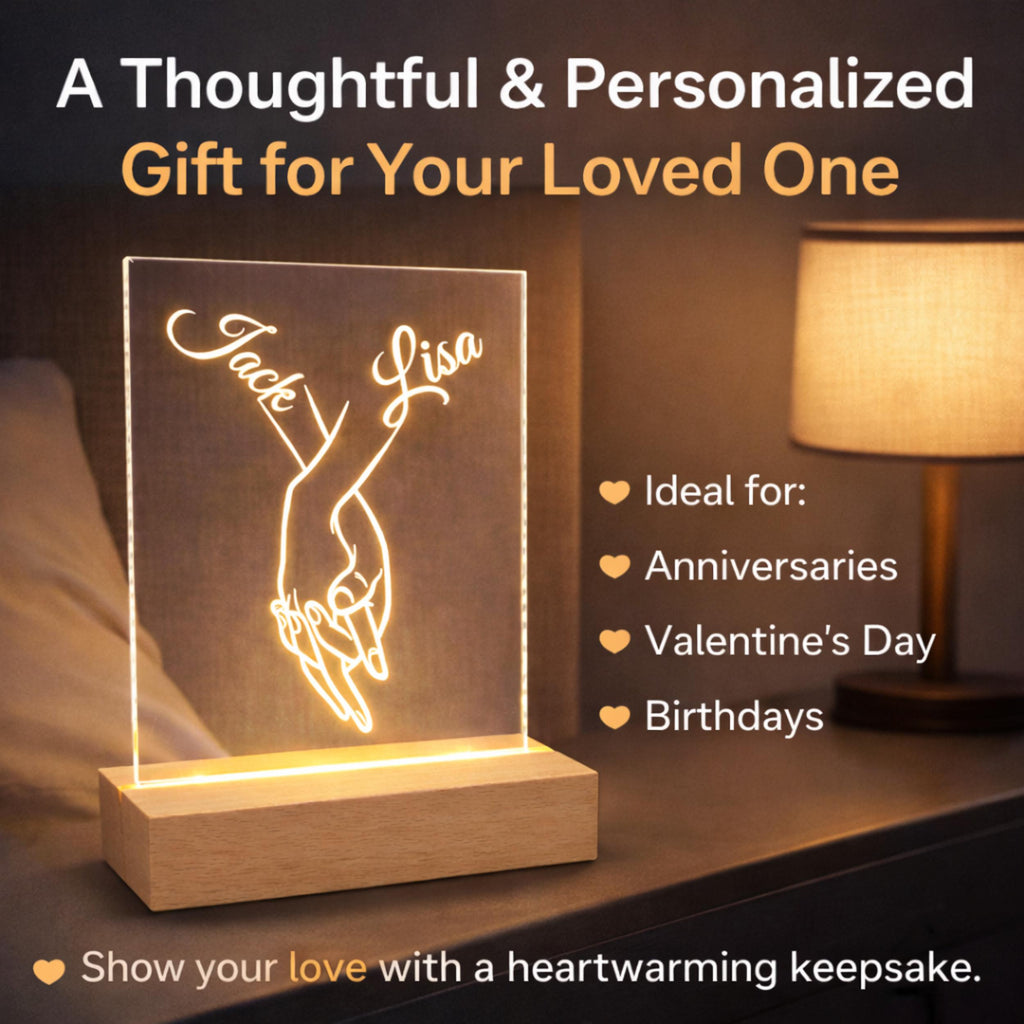 Personalised Couple Night Light – Hands Holding Acrylic LED Lamp, Romantic Bedroom Decor