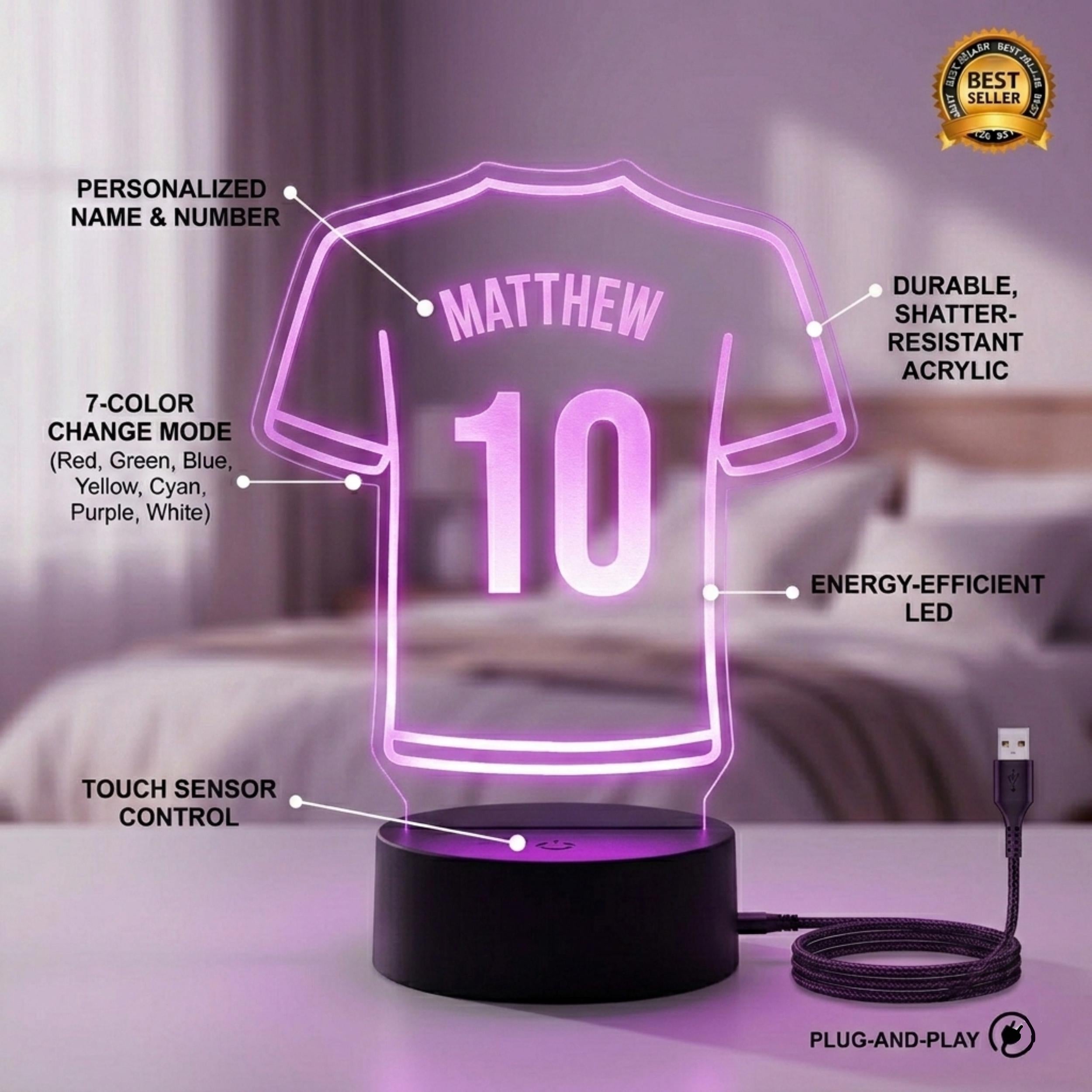 Custom Name Jersey LED Lamp, Personalized Sports Night Light, Bedroom Decor