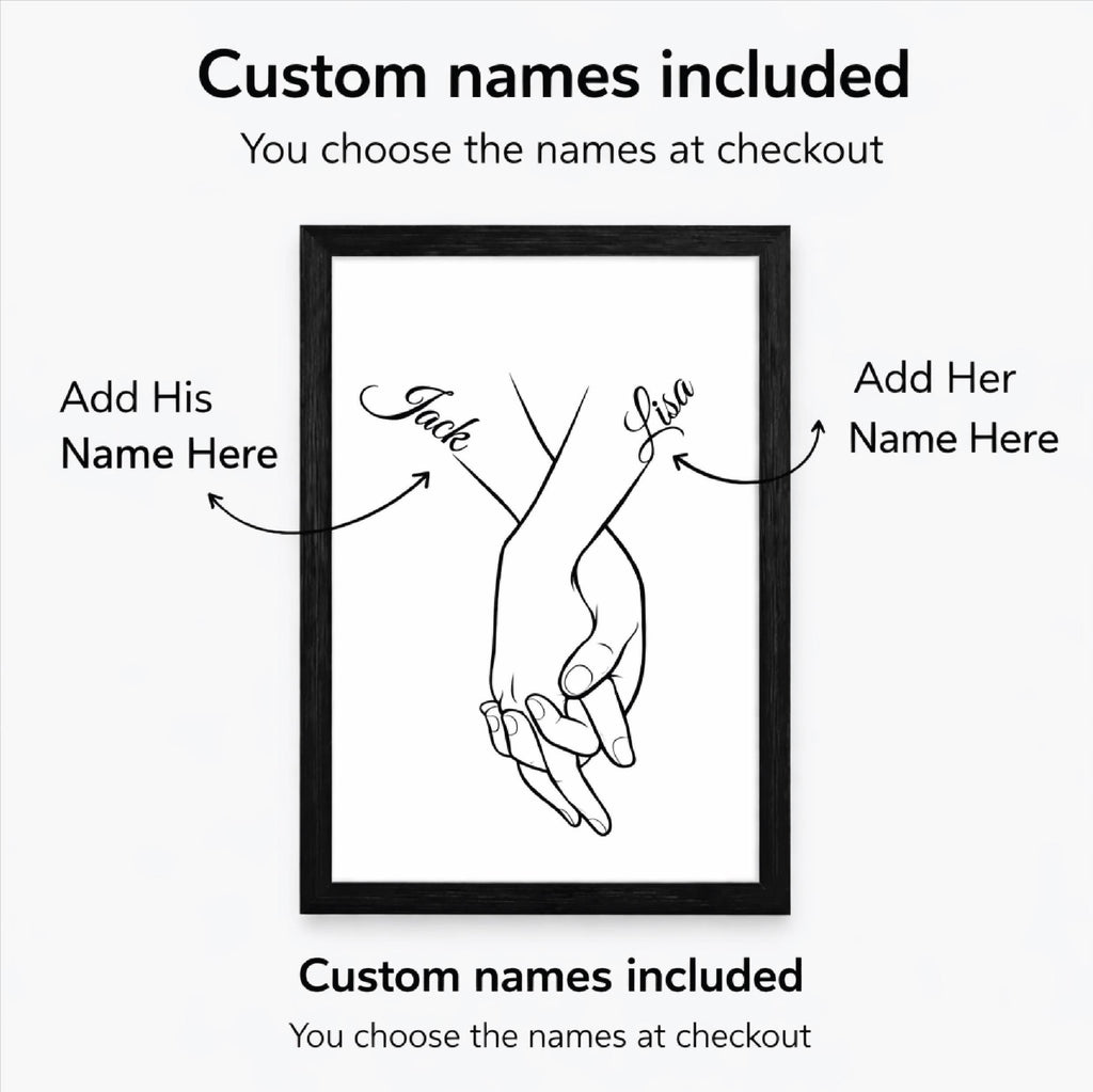 Personalised Holding Hands Print, Couple Wall Art, Anniversary Keepsake (A4 Framed)