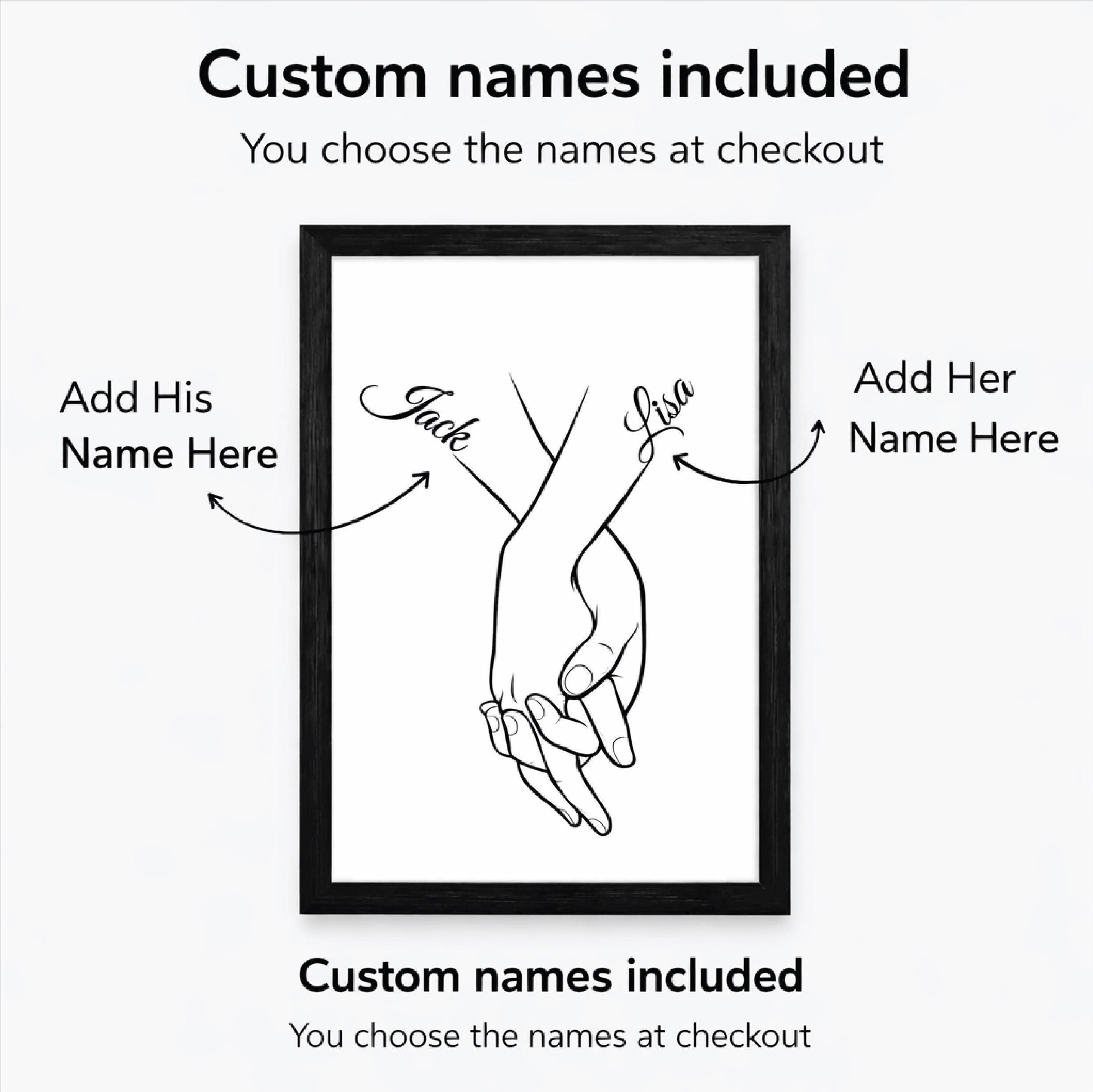 Personalised Holding Hands Print, Couple Wall Art, Anniversary Keepsake (A4 Framed)