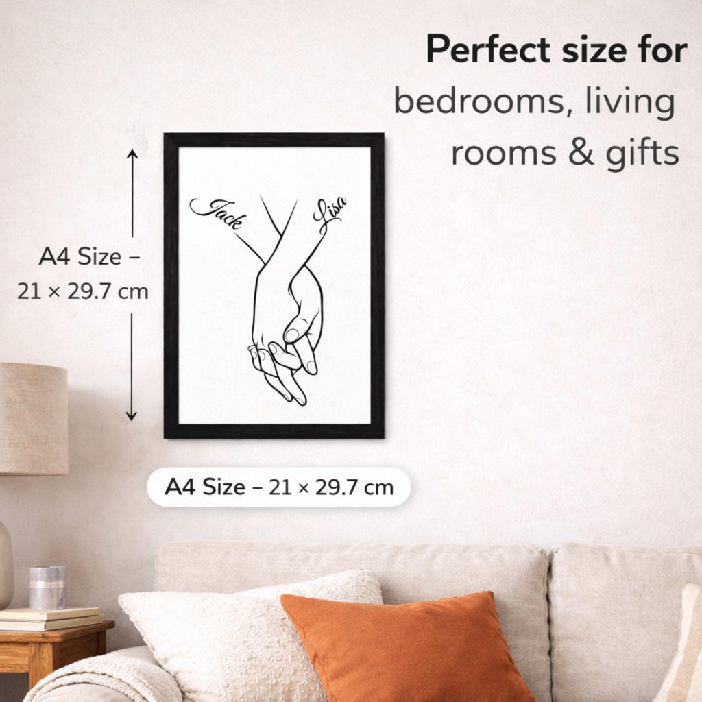 Personalised Holding Hands Print, Couple Wall Art, Anniversary Keepsake (A4 Framed)