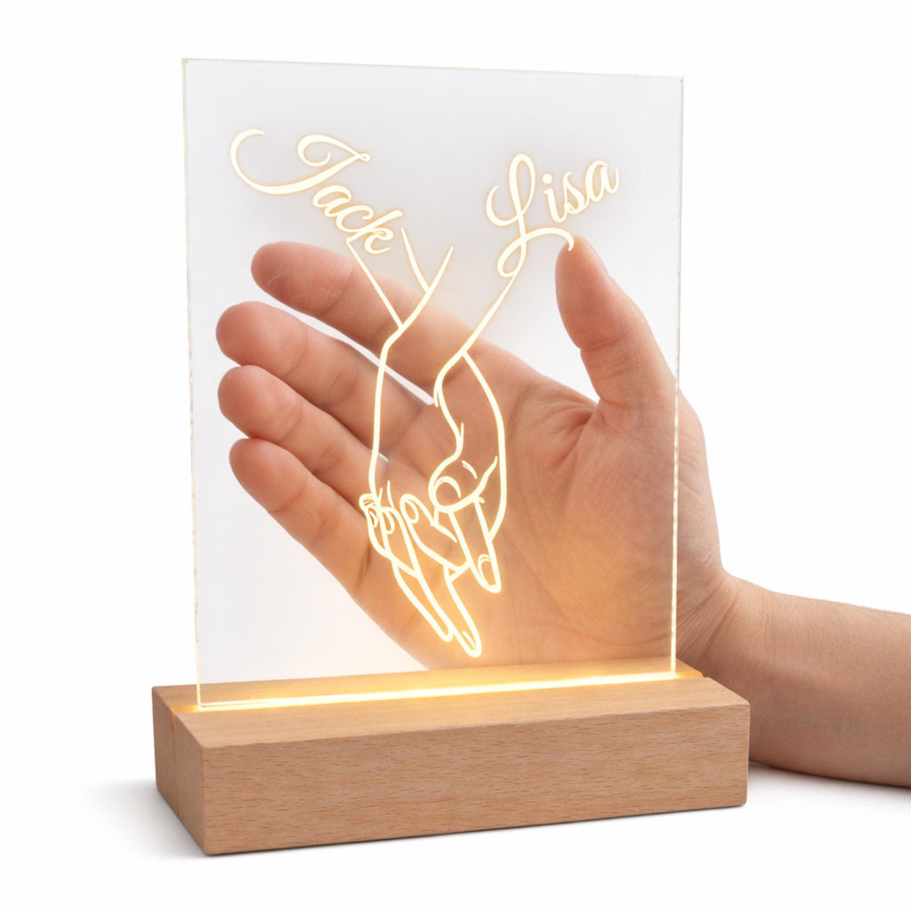 Personalised Couple Night Light – Hands Holding Acrylic LED Lamp, Romantic Bedroom Decor