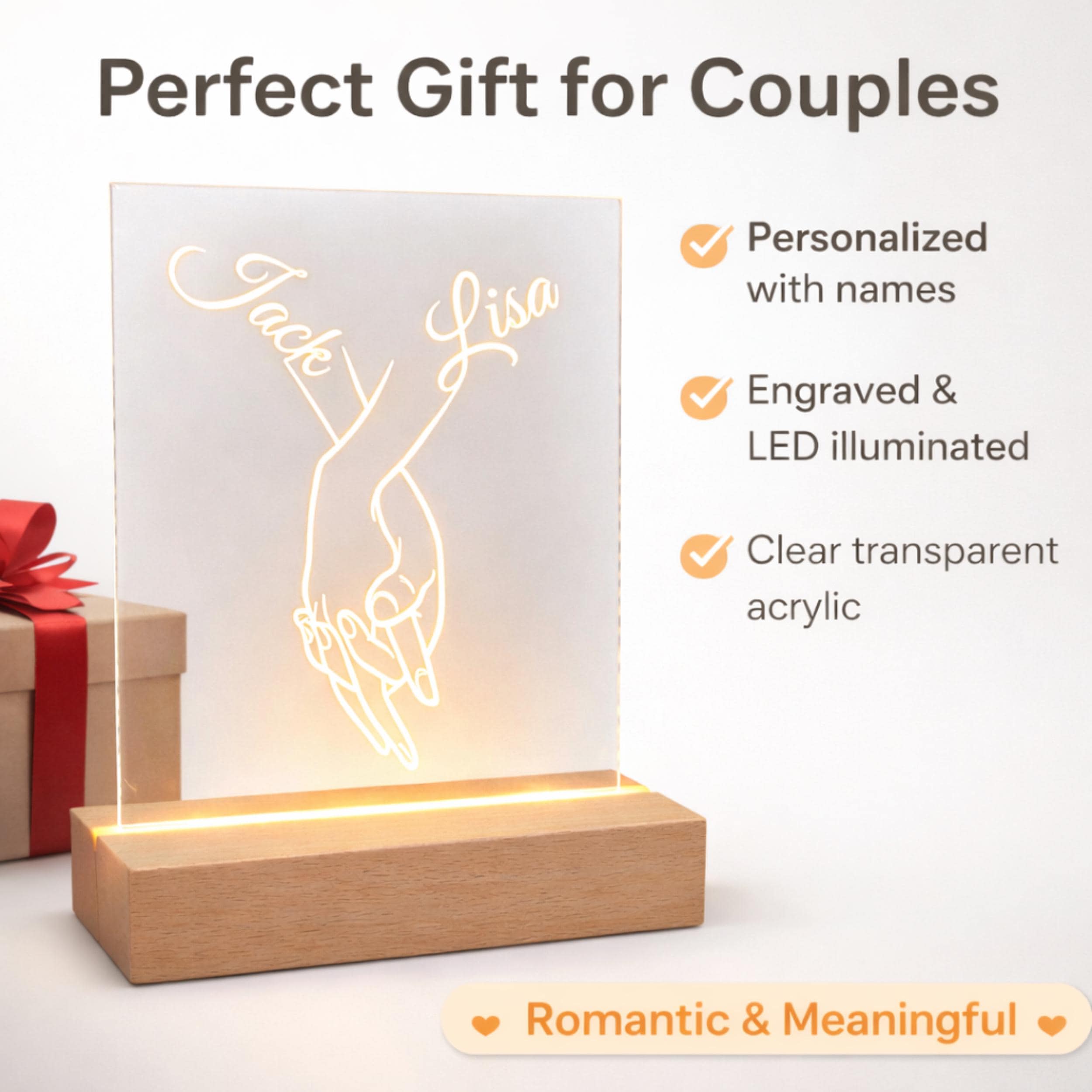 Personalised Couple Night Light – Hands Holding Acrylic LED Lamp, Romantic Bedroom Decor