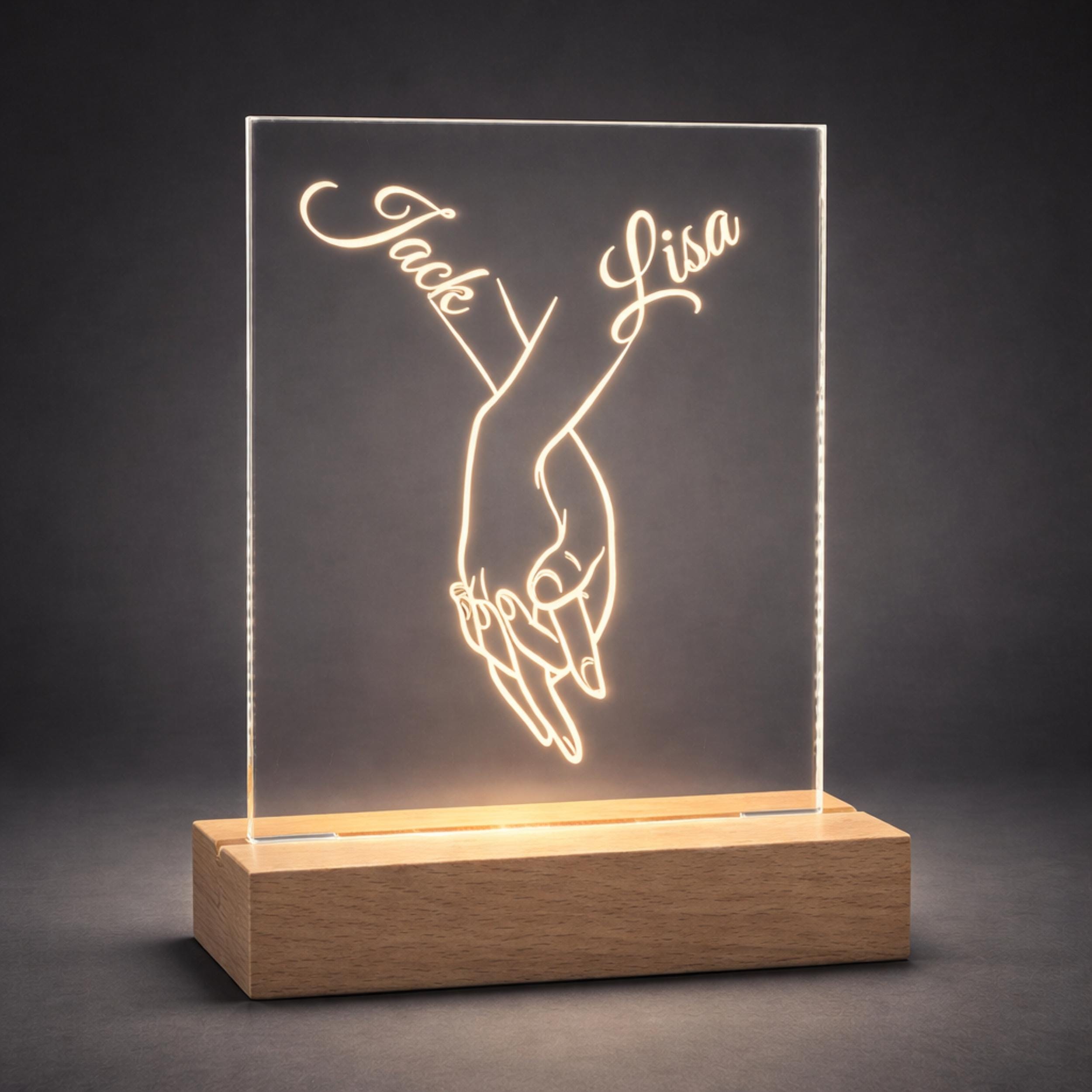 Personalised Couple Night Light – Hands Holding Acrylic LED Lamp, Romantic Bedroom Decor