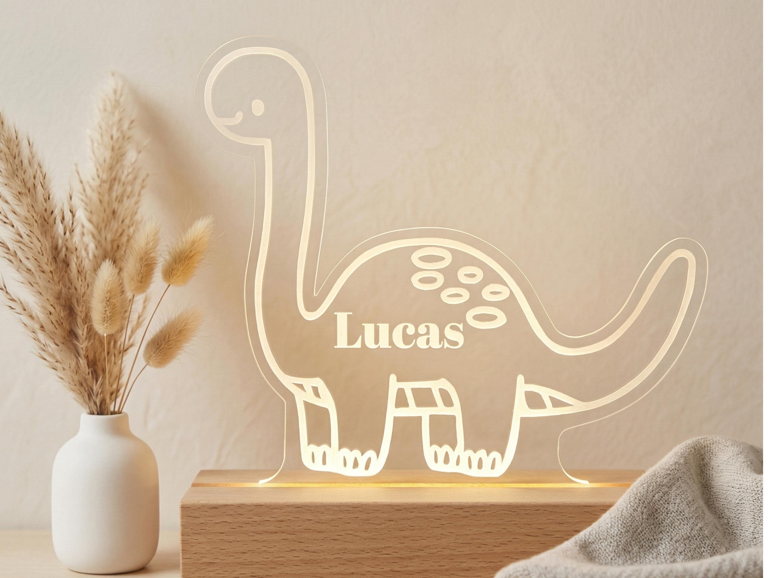 Personalised Dinosaur Night Light – Custom Name LED Lamp, Wooden Base Nursery Decor