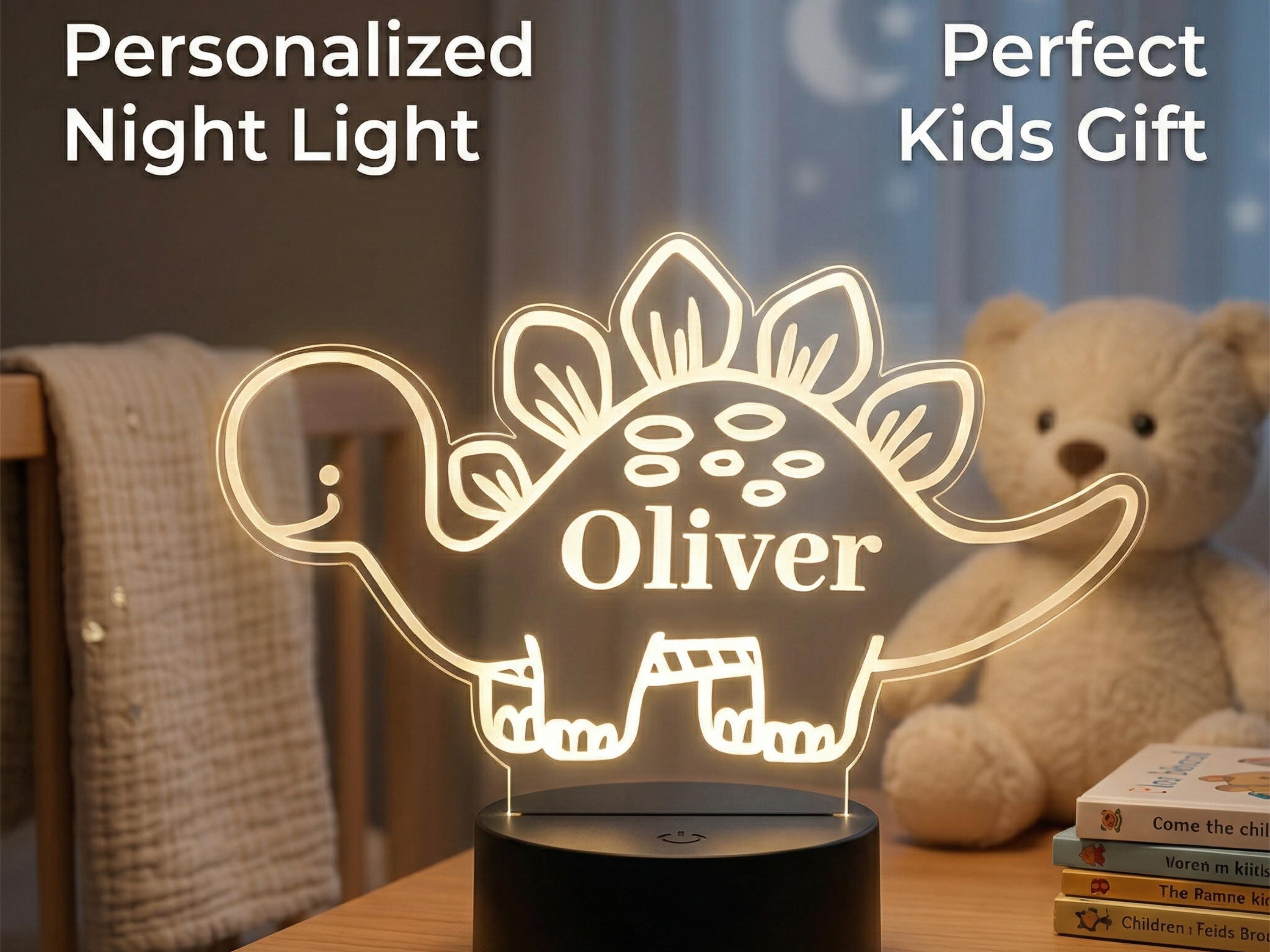 Personalised Dinosaur Night Light – Custom Name LED Lamp, Wooden Base Nursery Decor
