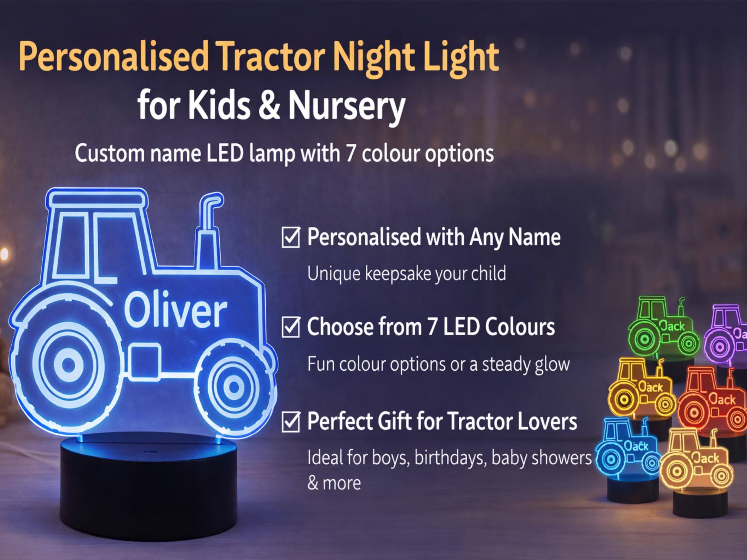 Personalized Tractor Night Light – Custom Kids Bedroom Decor