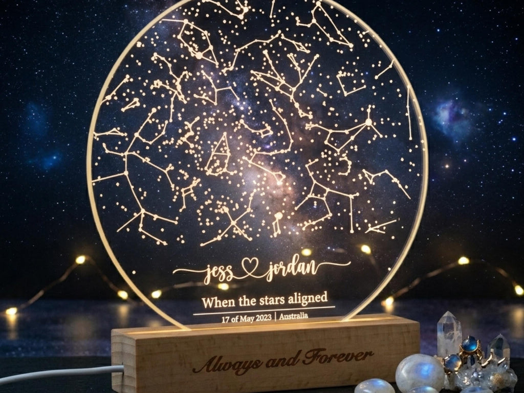 Personalized Star Map Night Light, Custom Constellation Anniversary Gift, Wood Base Lamp