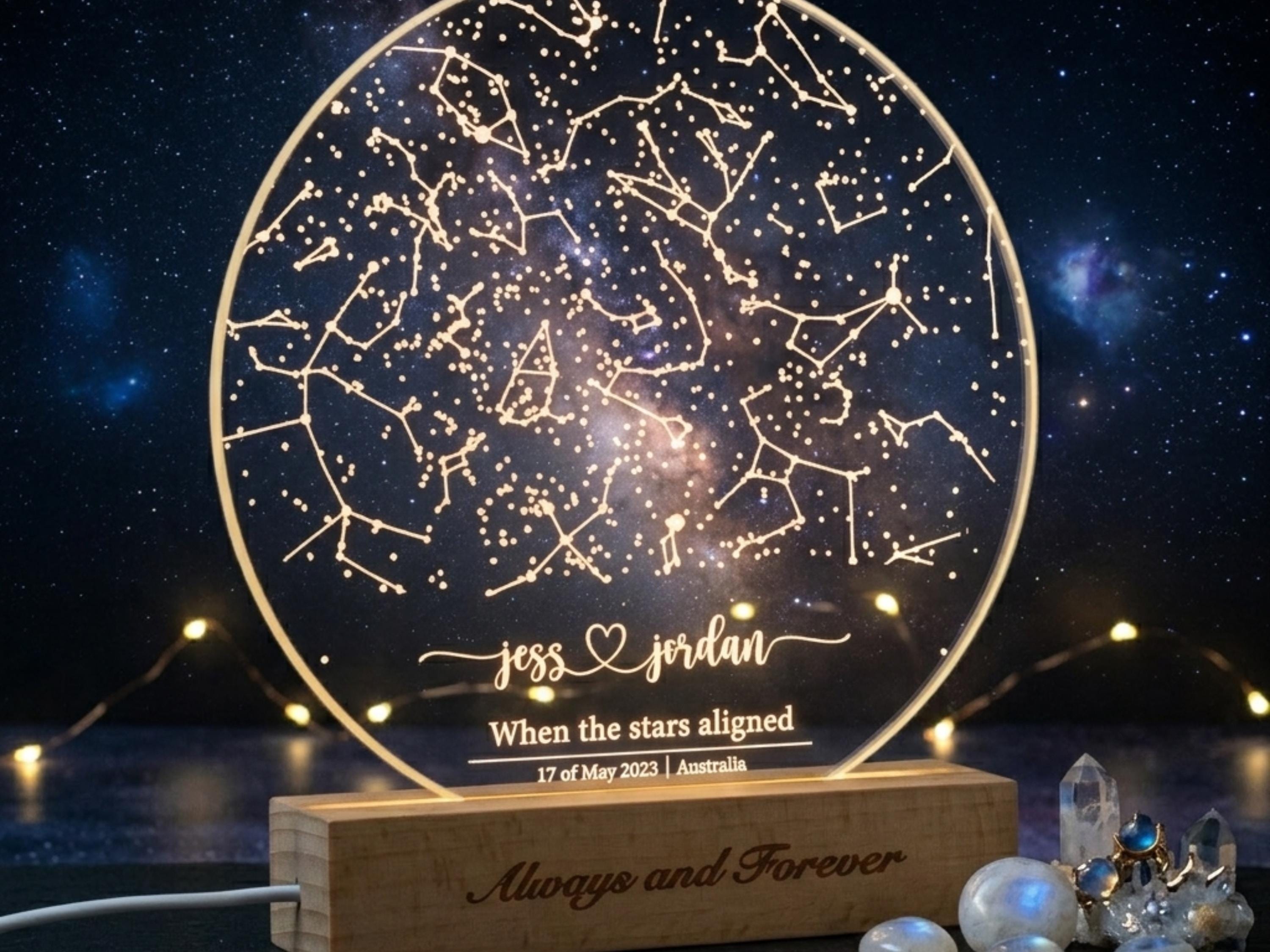 Personalized Star Map Night Light, Custom Constellation Anniversary Gift, Wood Base Lamp