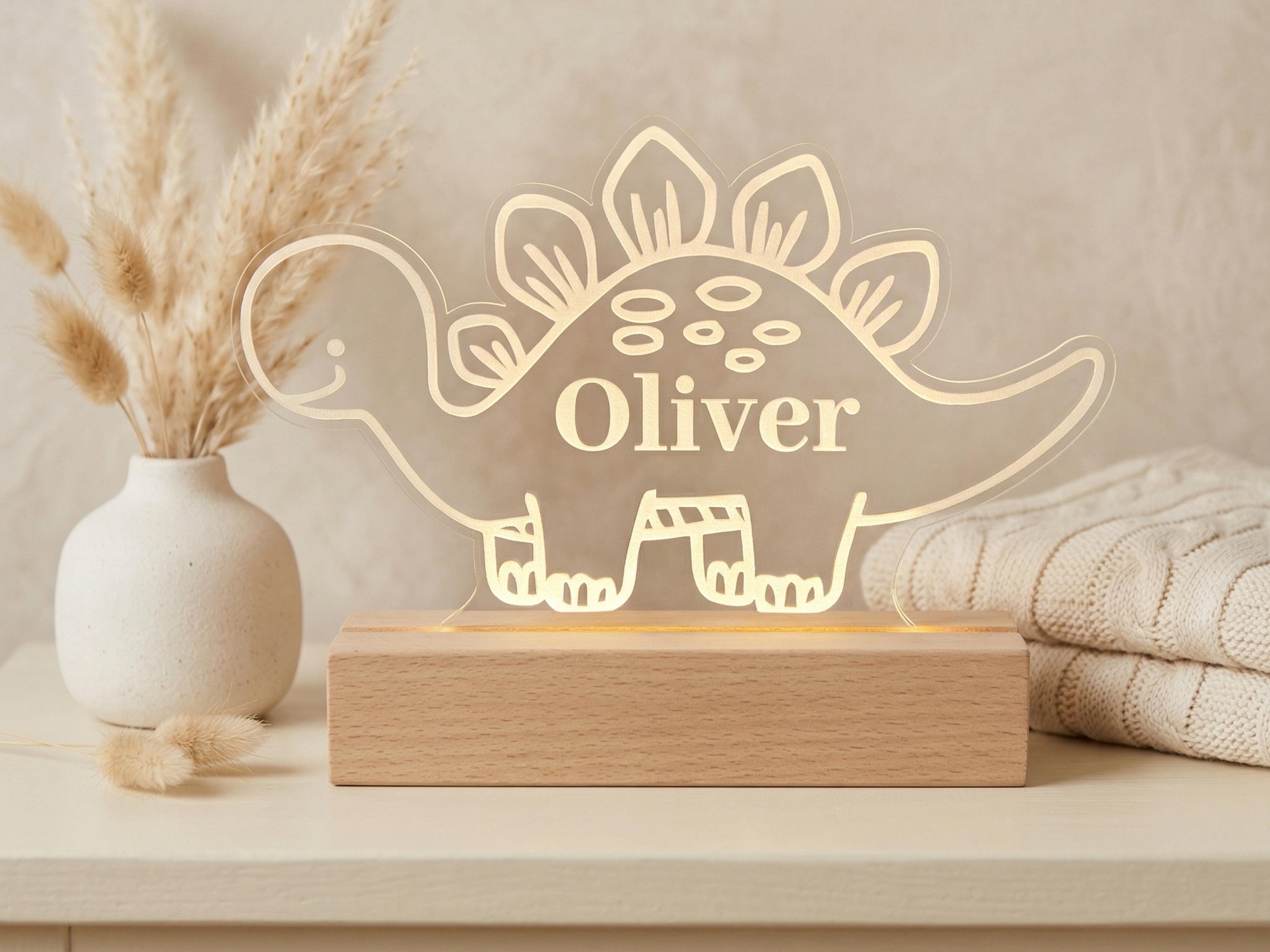 Personalised Dinosaur Night Light – Custom Name LED Lamp, Wooden Base Nursery Decor