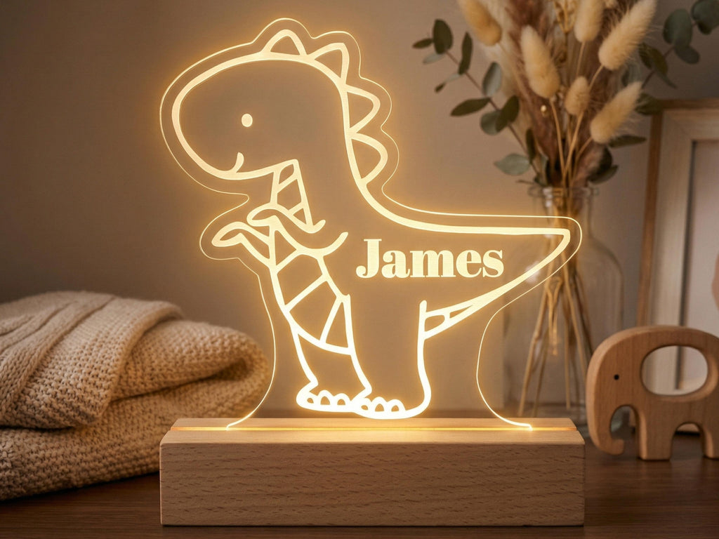 Personalised Dinosaur Night Light – Custom Name LED Lamp, Wooden Base Nursery Decor