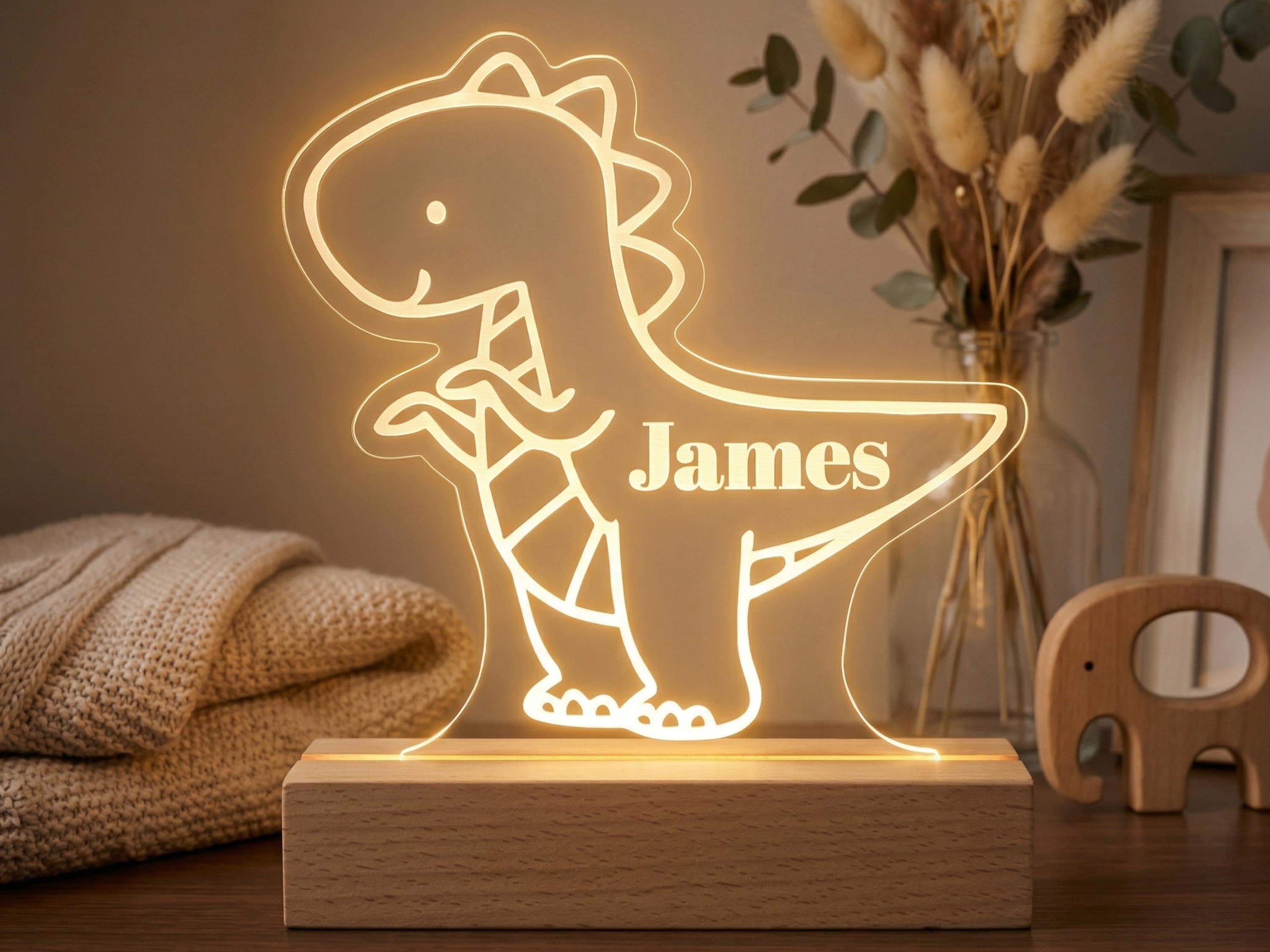 Personalised Dinosaur Night Light – Custom Name LED Lamp, Wooden Base Nursery Decor