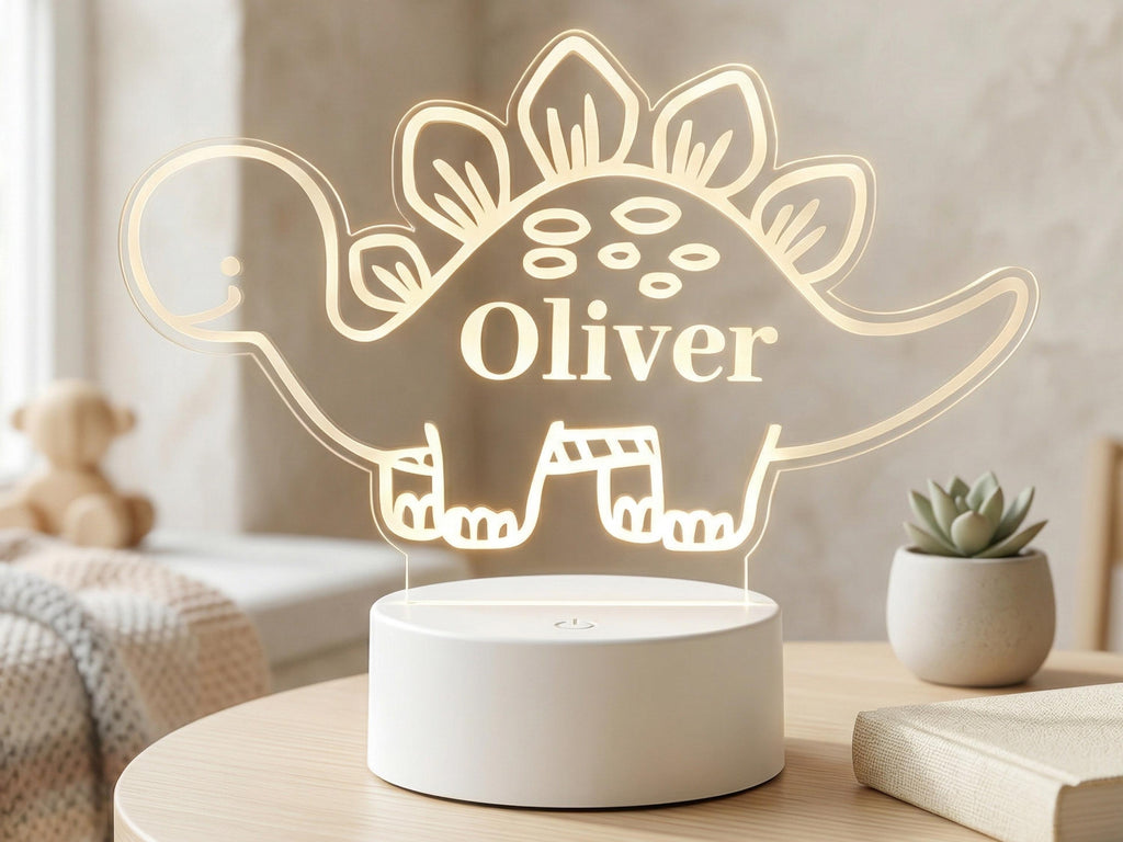 Personalised Dinosaur Night Light – Custom Name LED Lamp, Wooden Base Nursery Decor