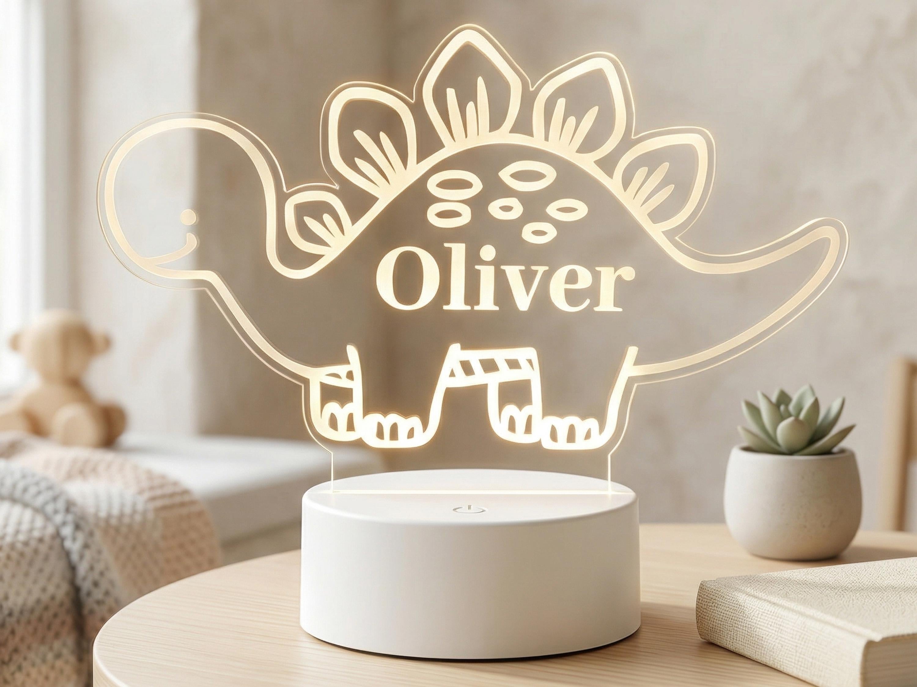 Personalised Dinosaur Night Light – Custom Name LED Lamp, Wooden Base Nursery Decor