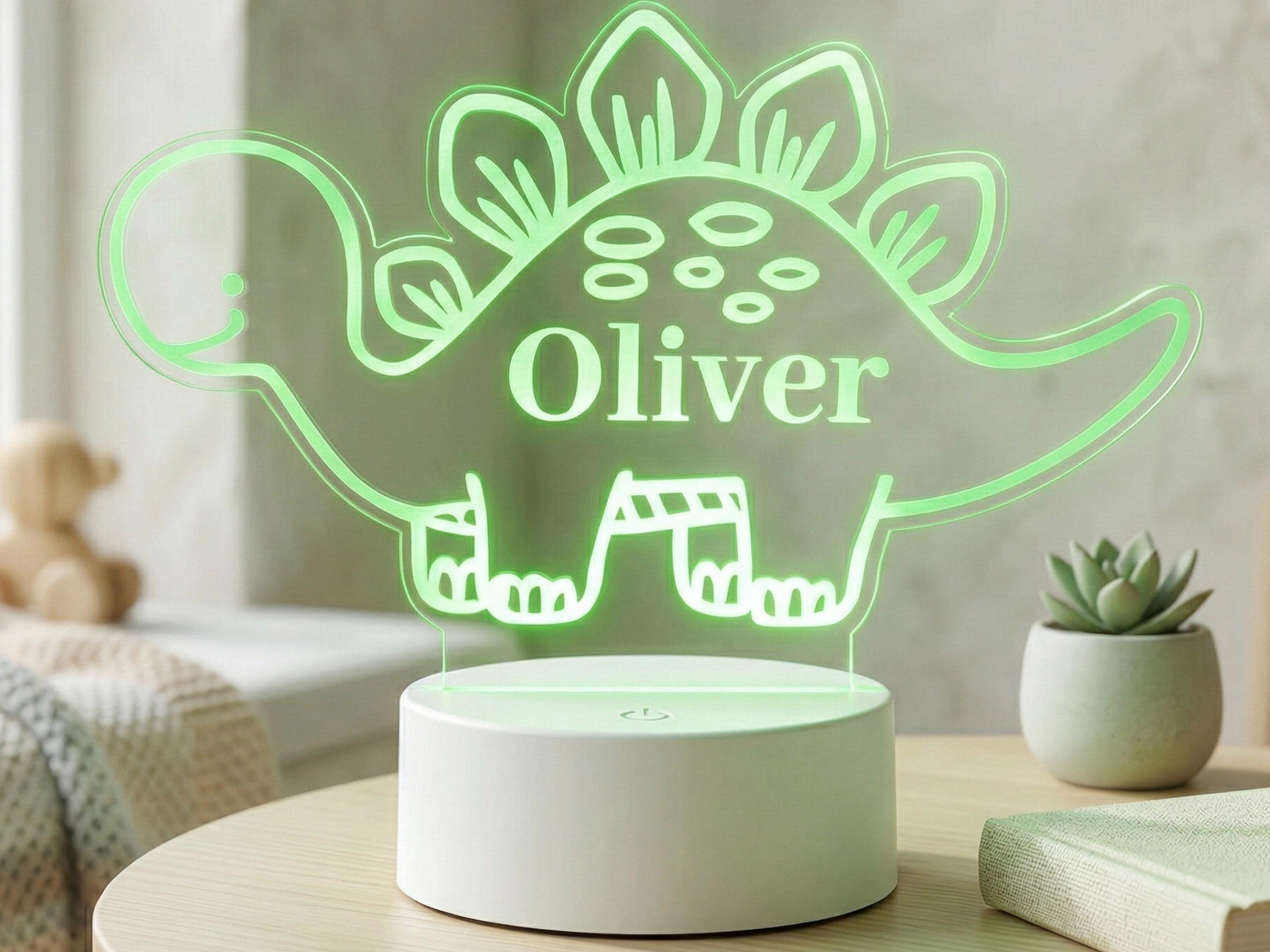 Personalised Dinosaur Night Light – Custom Name LED Lamp, Wooden Base Nursery Decor