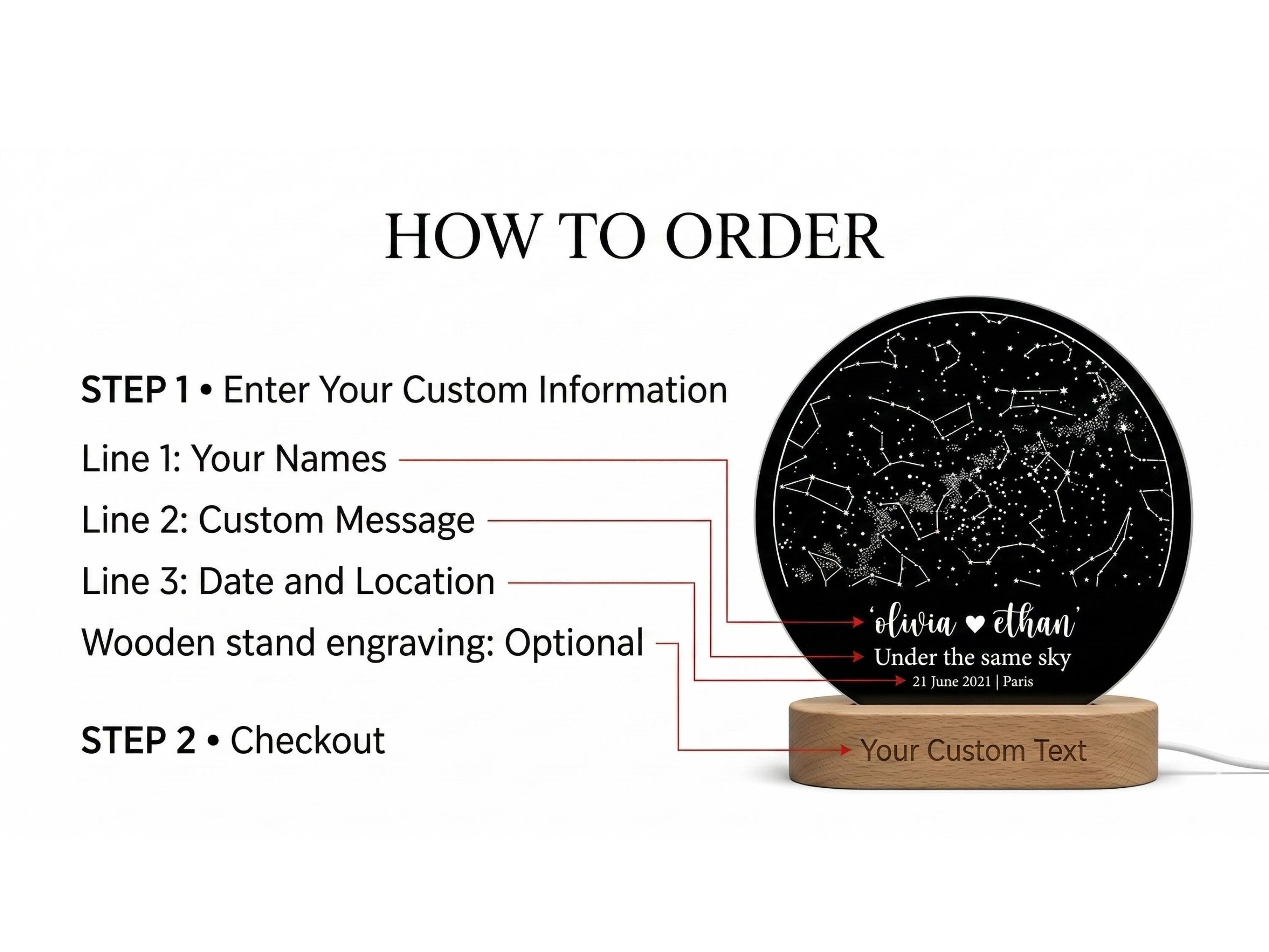 Personalized Star Map Night Light, Custom Constellation Anniversary Gift, Wood Base Lamp