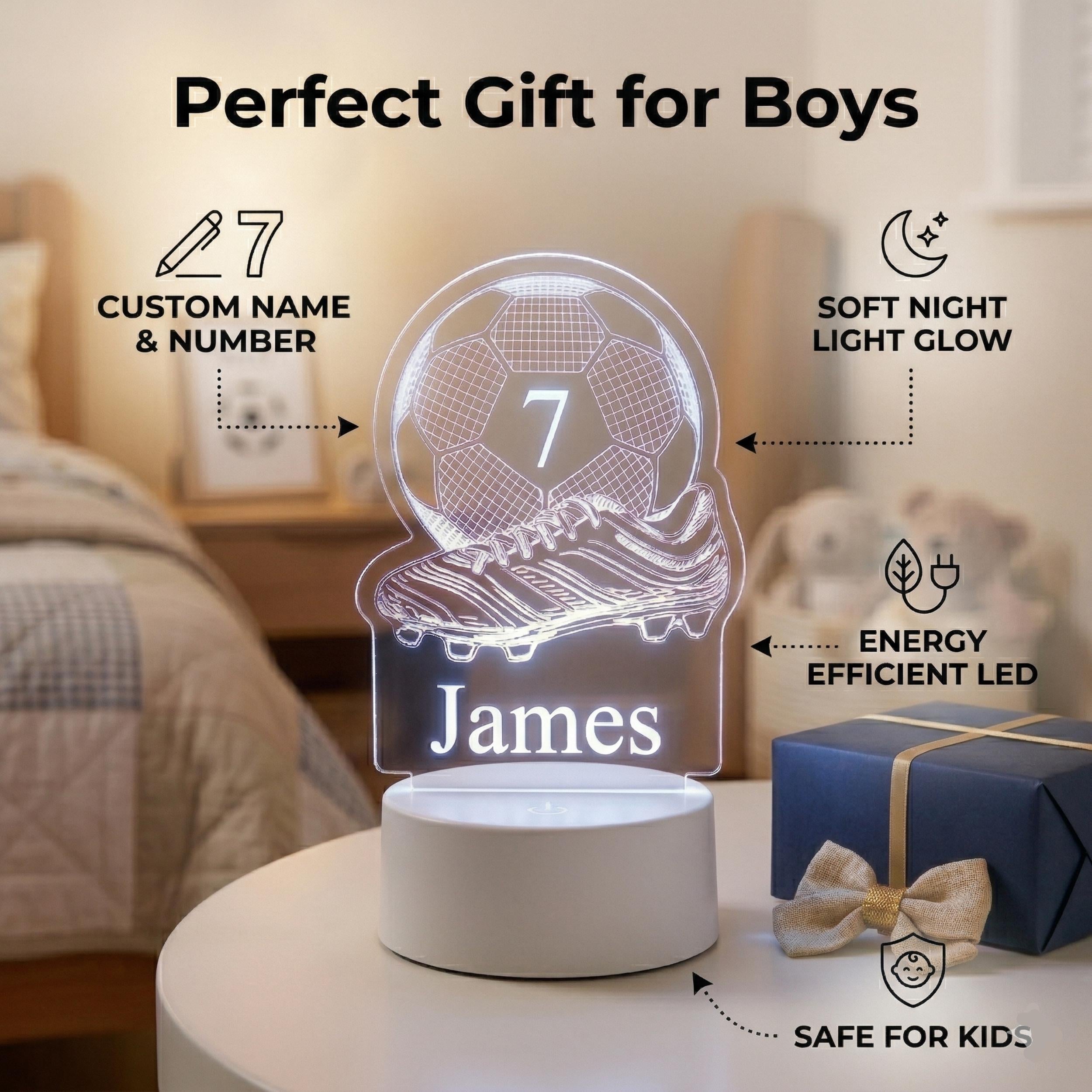 Football LED Lamp for Kids, Custom Name Soccer Light, Boys Bedroom Decor, Football Gift, Kids Bedside Lamp