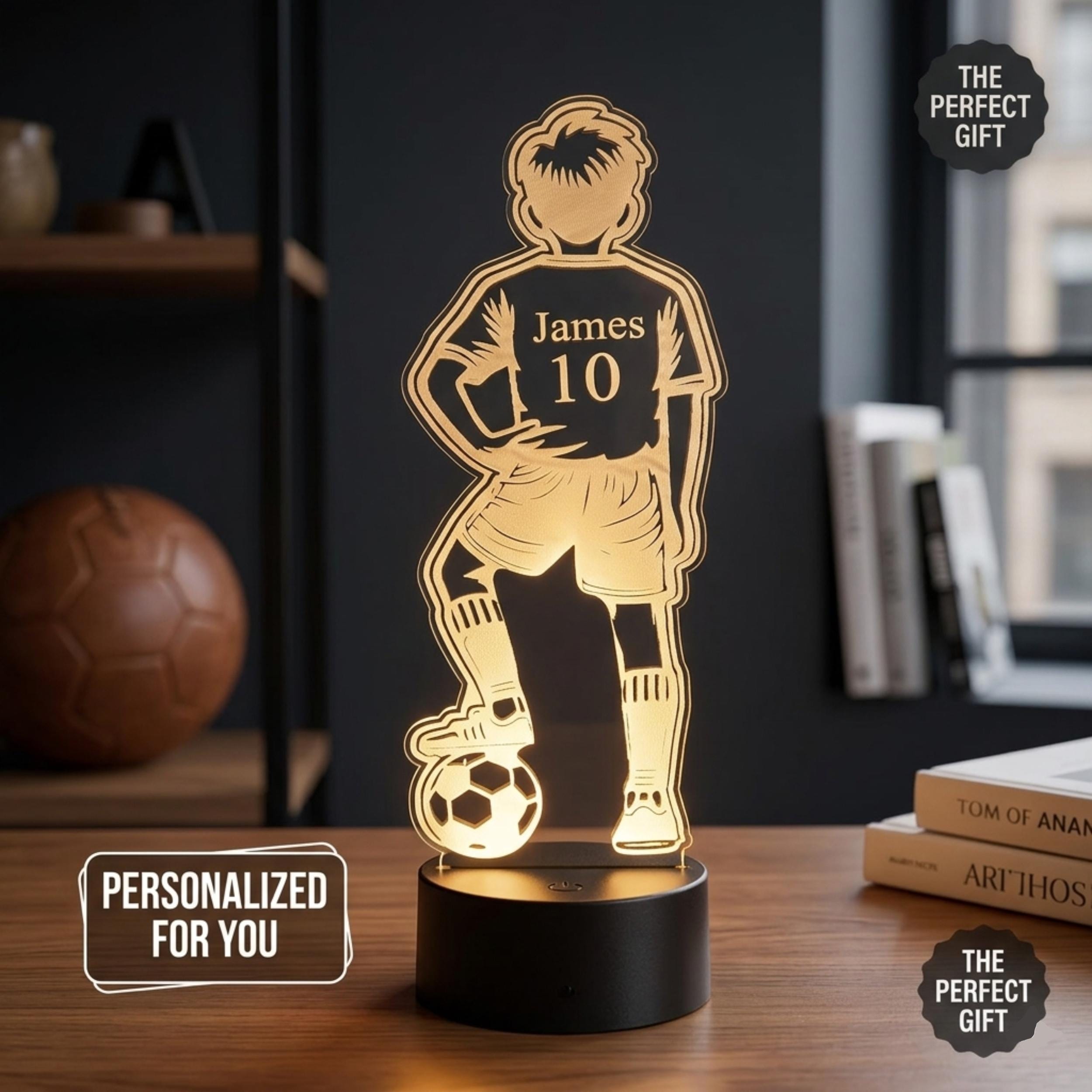 Personalised 3D Footballer LED Lamp, Custom Name Boys Bedroom Light, Remote Control Night Light