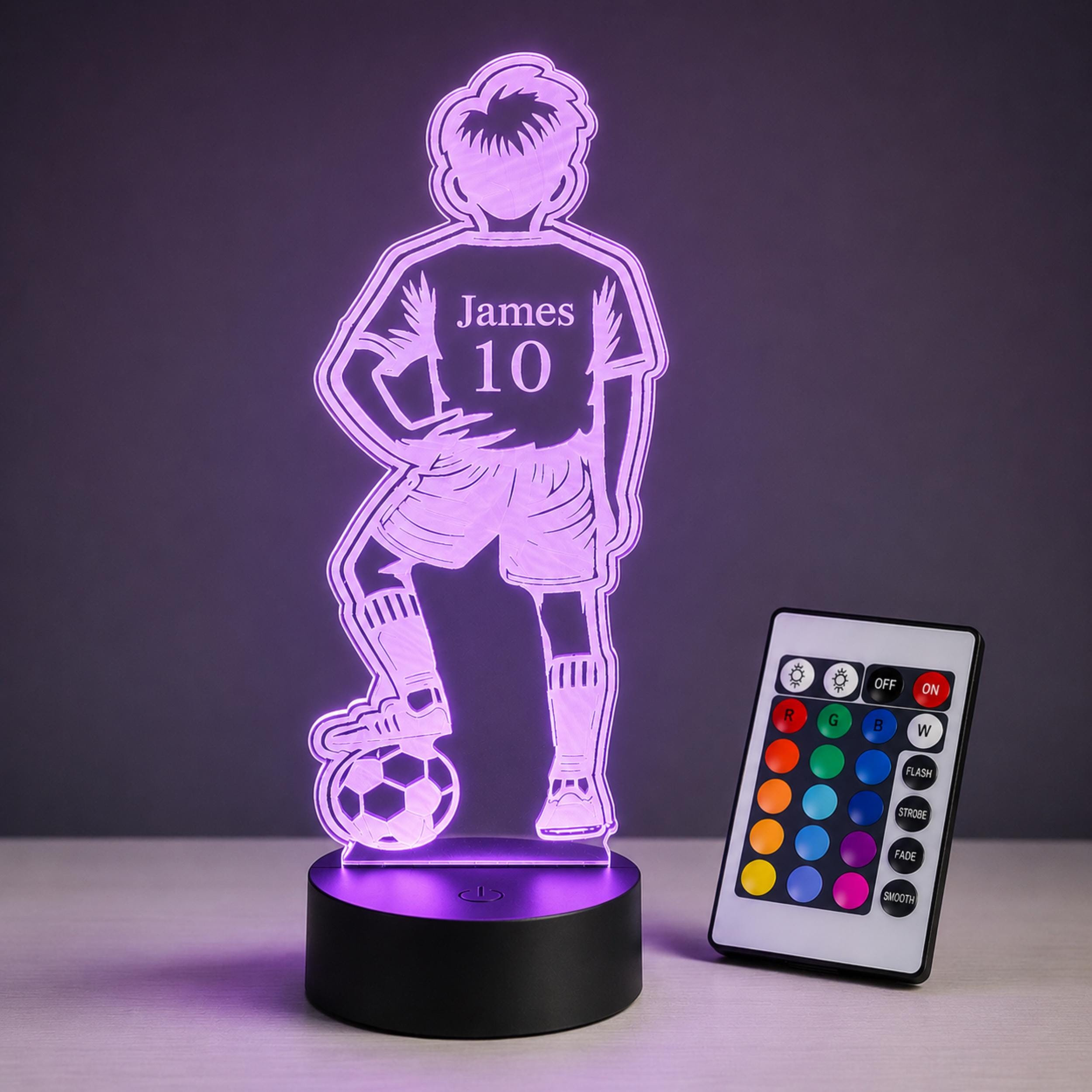 Personalised 3D Footballer LED Lamp, Custom Name Boys Bedroom Light, Remote Control Night Light