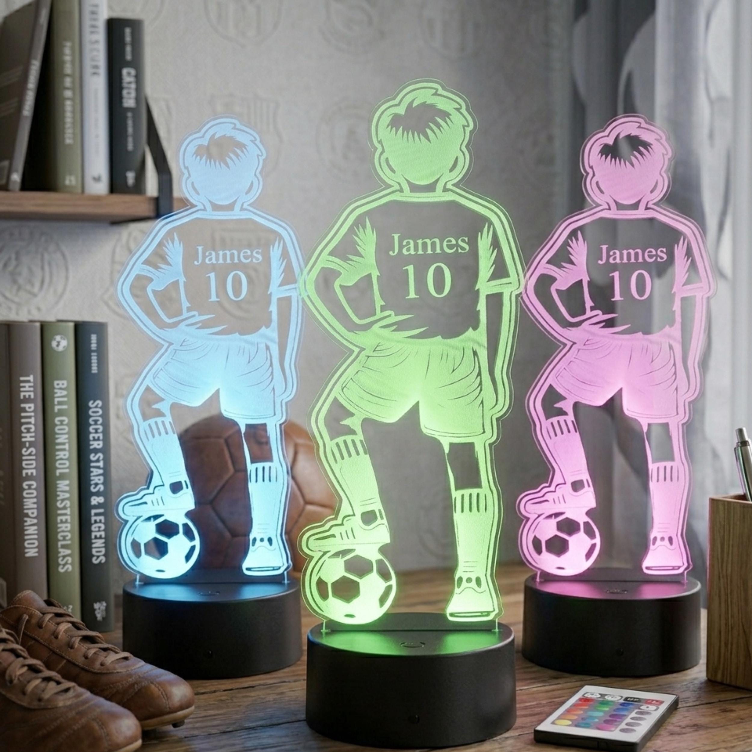Personalised Footballer Night Light, 3D LED Illusion Lamp, Custom Name Boys Bedroom Light