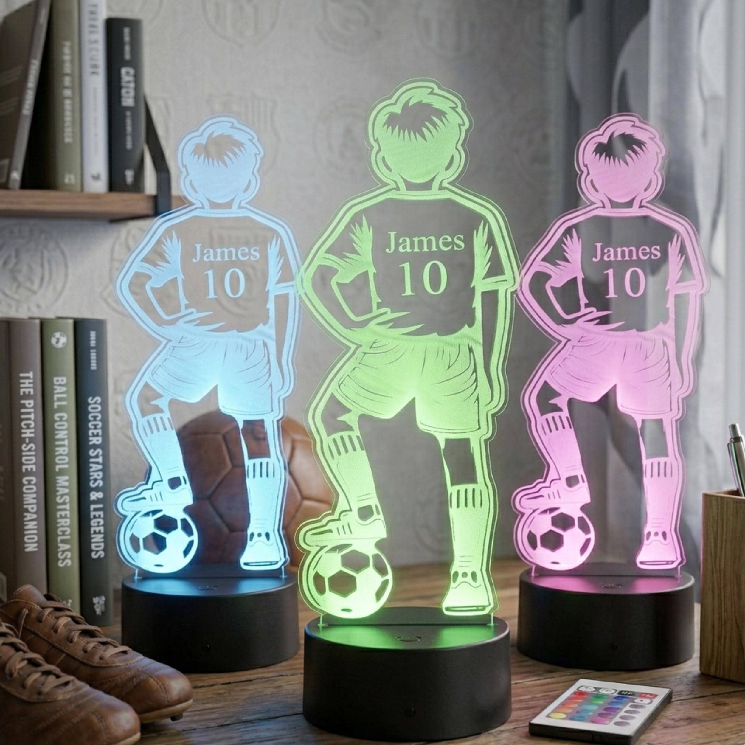 Personalised 3D Footballer LED Lamp, Custom Name Boys Bedroom Light, Remote Control Night Light