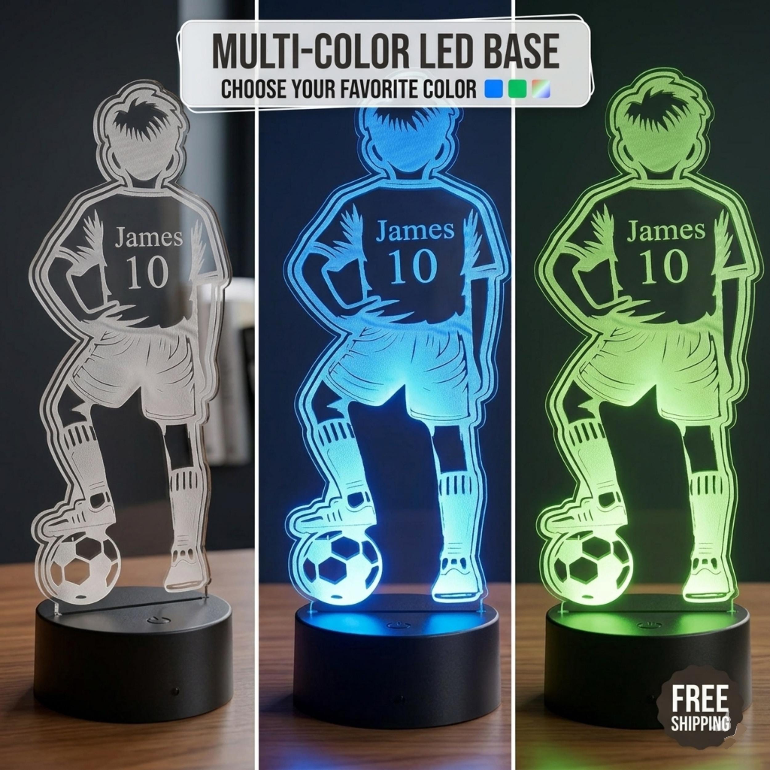 Personalised 3D Footballer LED Lamp, Custom Name Boys Bedroom Light, Remote Control Night Light