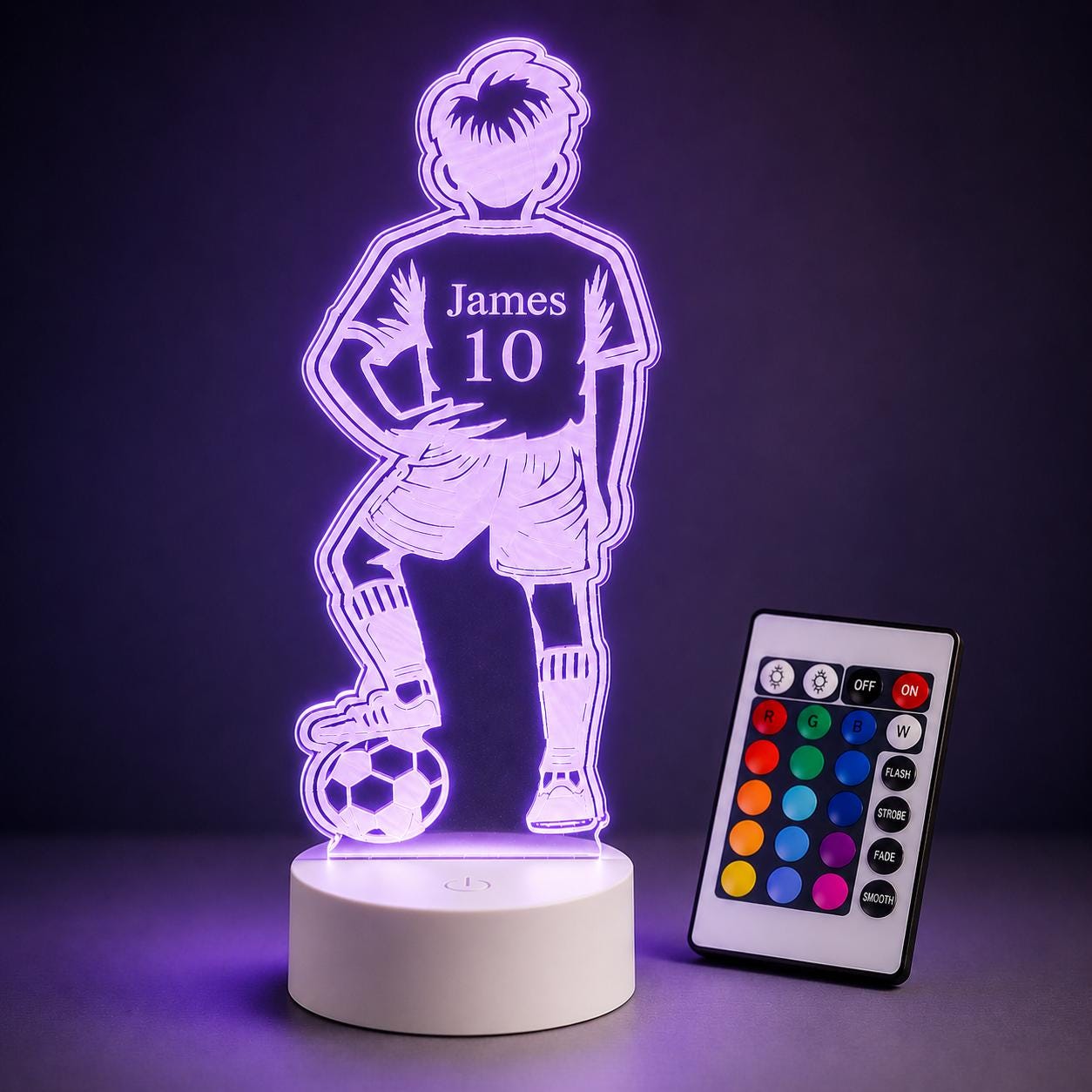 Personalised Footballer Night Light, 3D LED Illusion Lamp, Custom Name Boys Bedroom Light