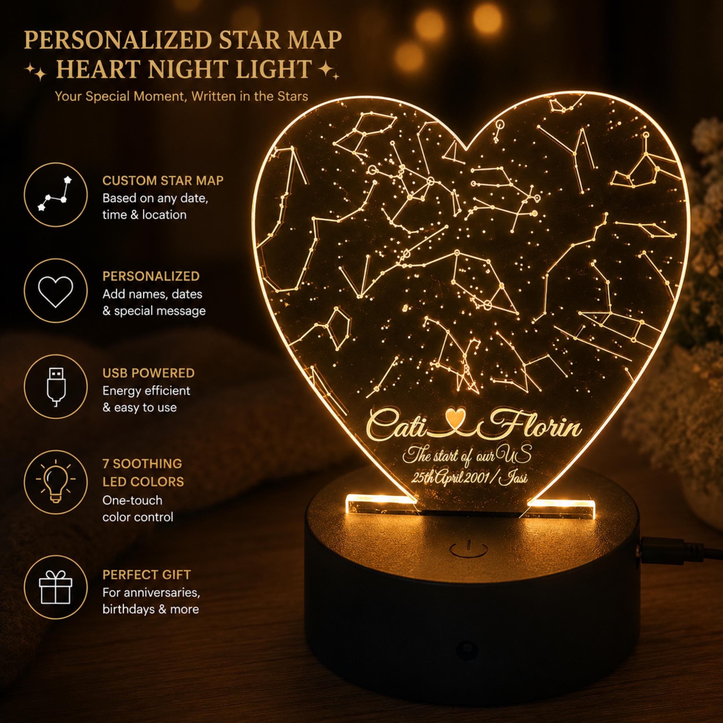 Personalized Heart Star Map Night Light, Custom Constellation Gift