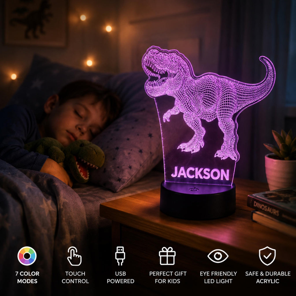 Personalised T-Rex Night Light – Custom Name LED Lamp, Dinosaur Bedroom Decor