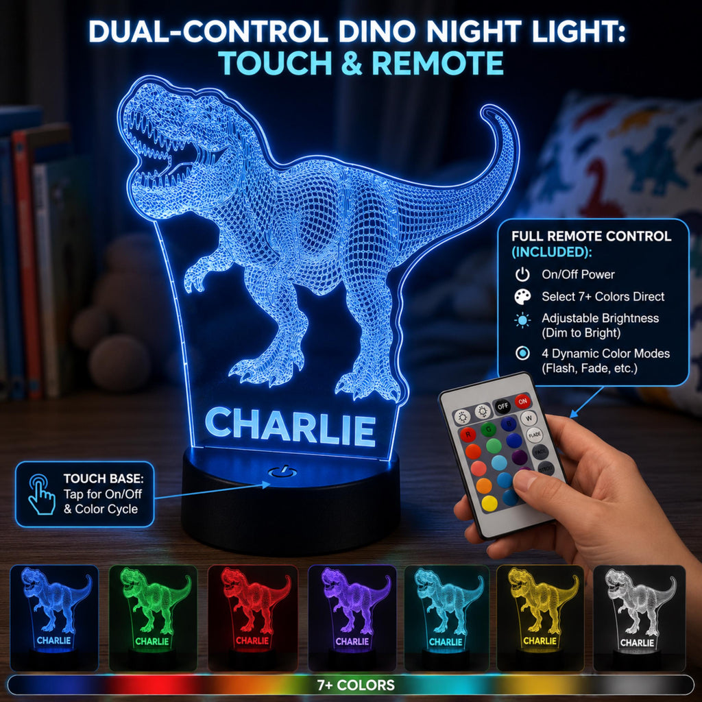 Personalised T-Rex Night Light – Custom Name LED Lamp, Dinosaur Bedroom Decor