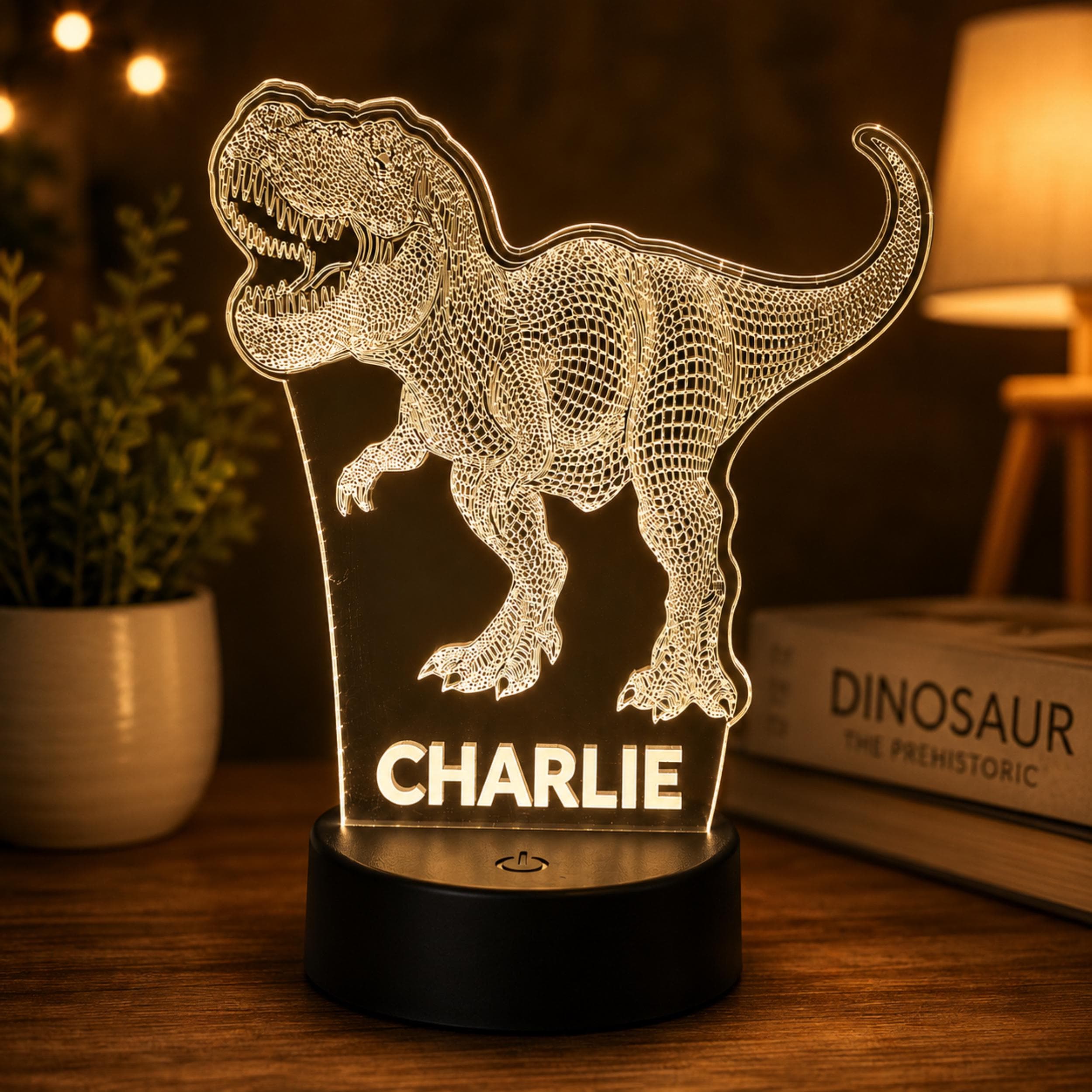 Personalised T-Rex Night Light – Custom Name LED Lamp, Dinosaur Bedroom Decor