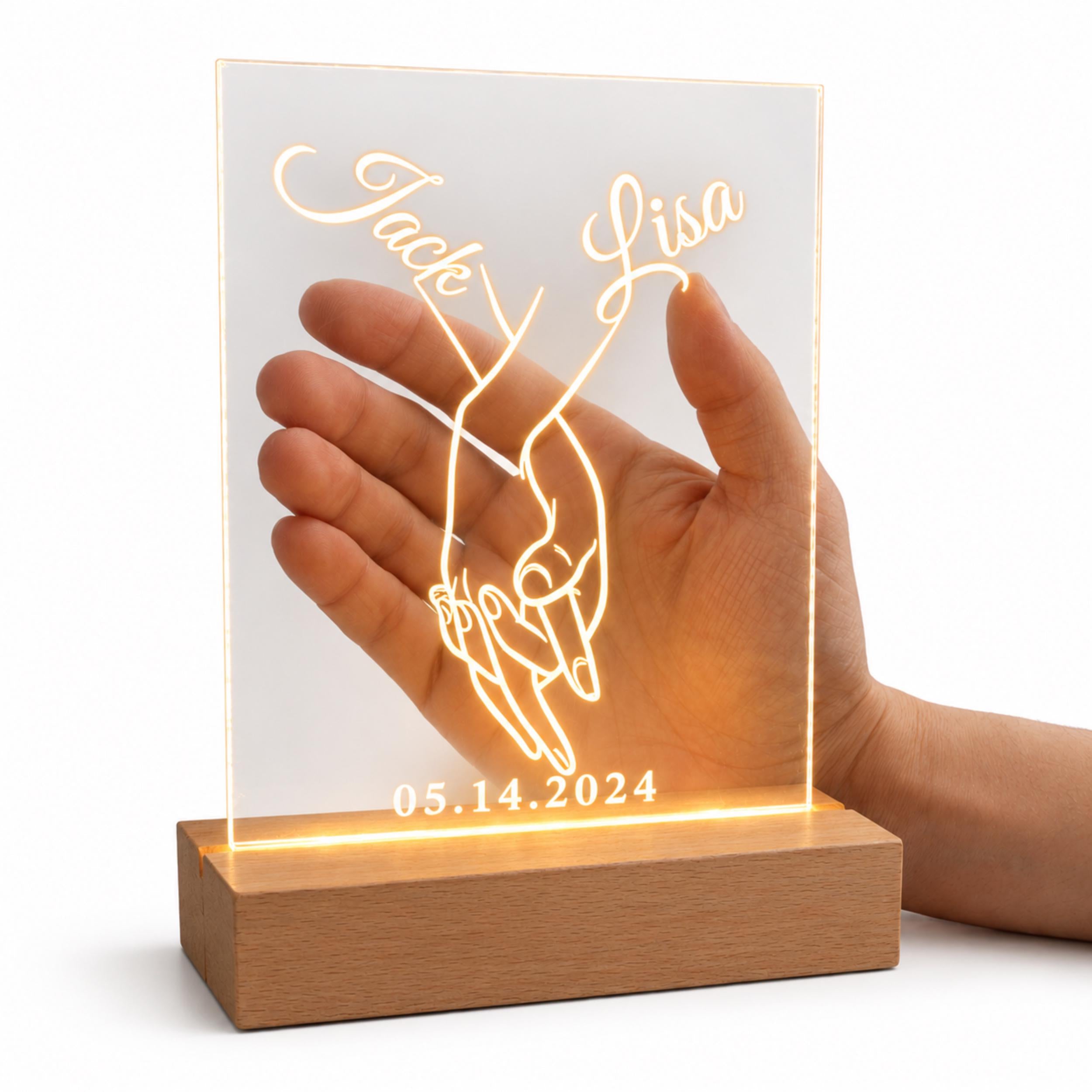 Personalised Couple Night Light – Hands Holding Acrylic LED Lamp, Romantic Bedroom Decor