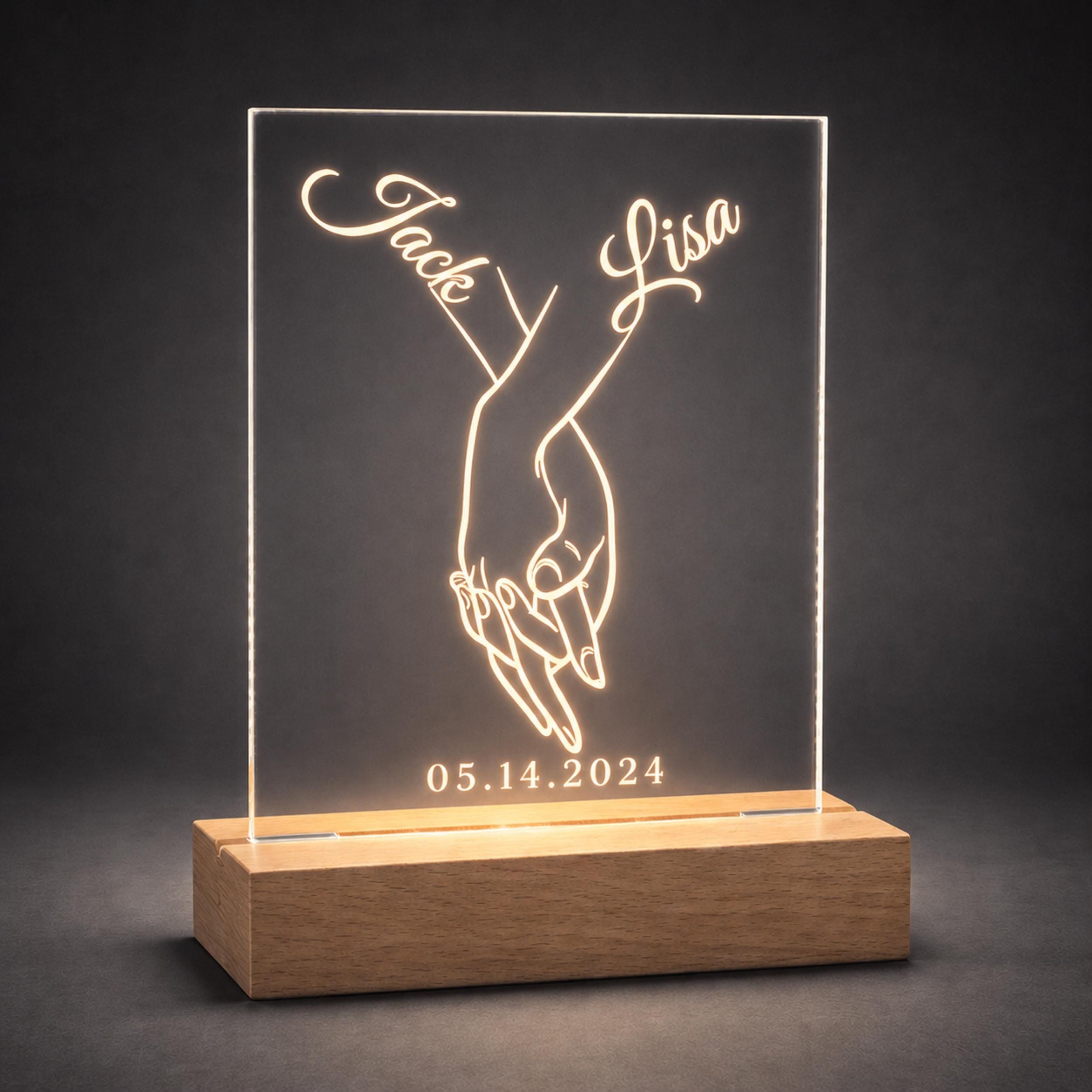 Personalised Couple Night Light – Hands Holding Acrylic LED Lamp, Romantic Bedroom Decor