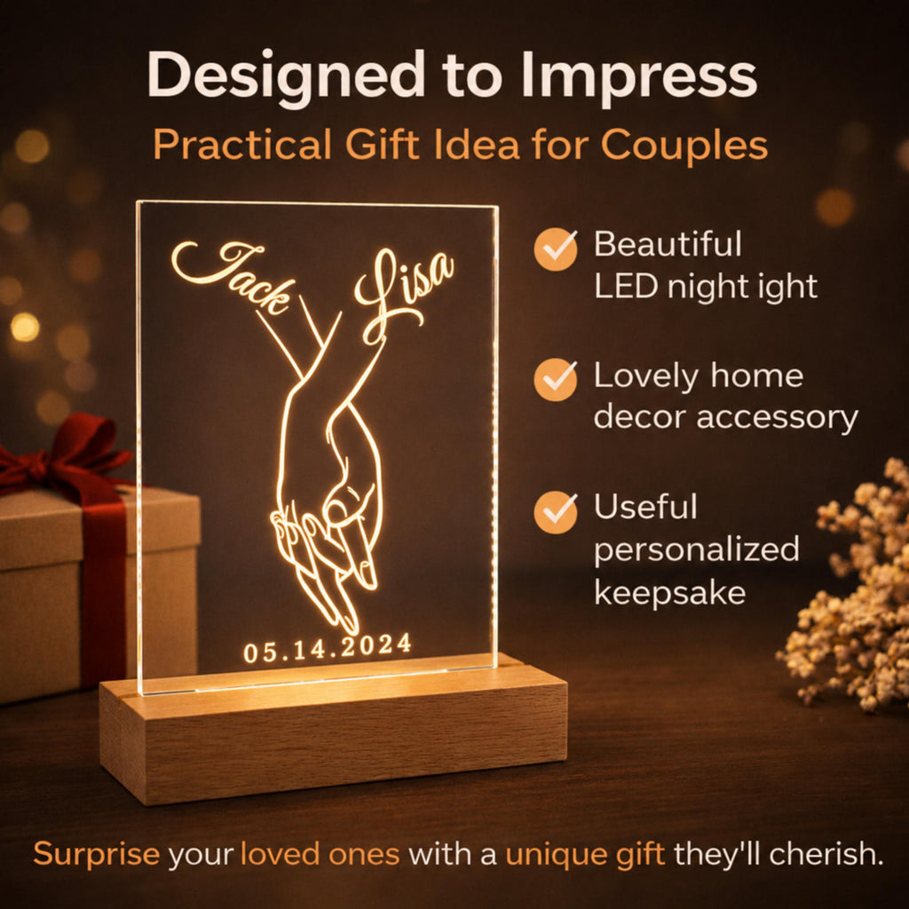 Personalised Couple Night Light – Hands Holding Acrylic LED Lamp, Romantic Bedroom Decor