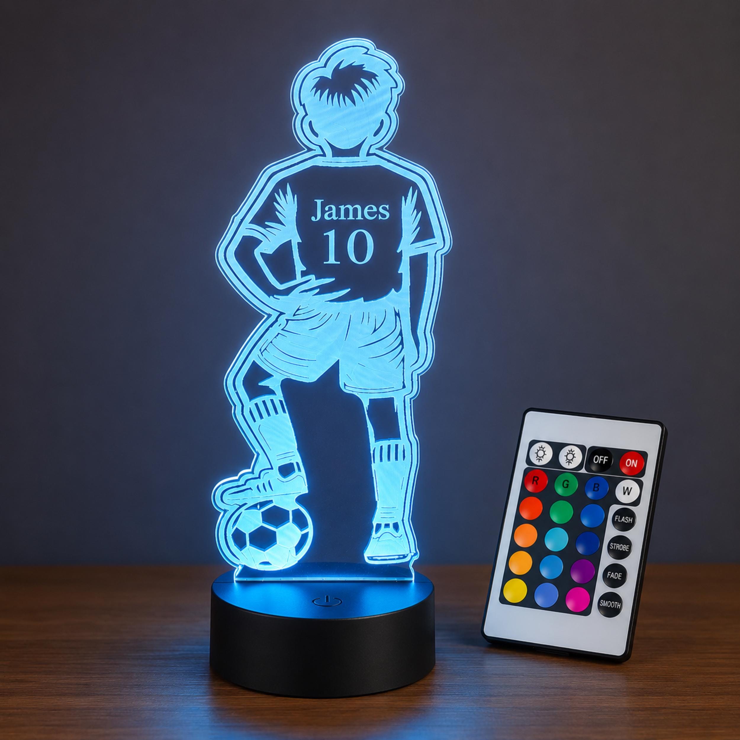 Personalised 3D Footballer LED Lamp, Custom Name Boys Bedroom Light, Remote Control Night Light