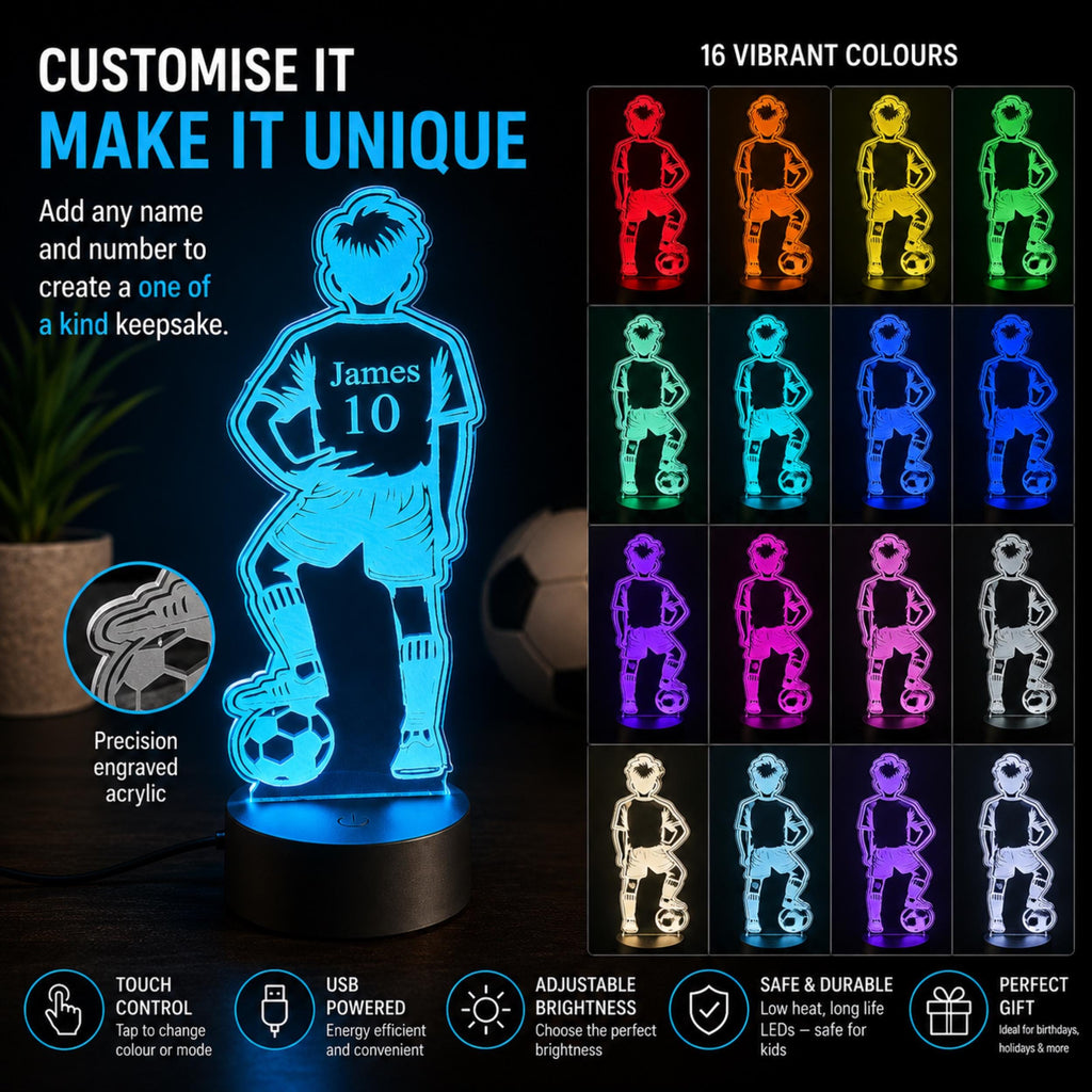 Personalised 3D Footballer LED Lamp, Custom Name Boys Bedroom Light, Remote Control Night Light