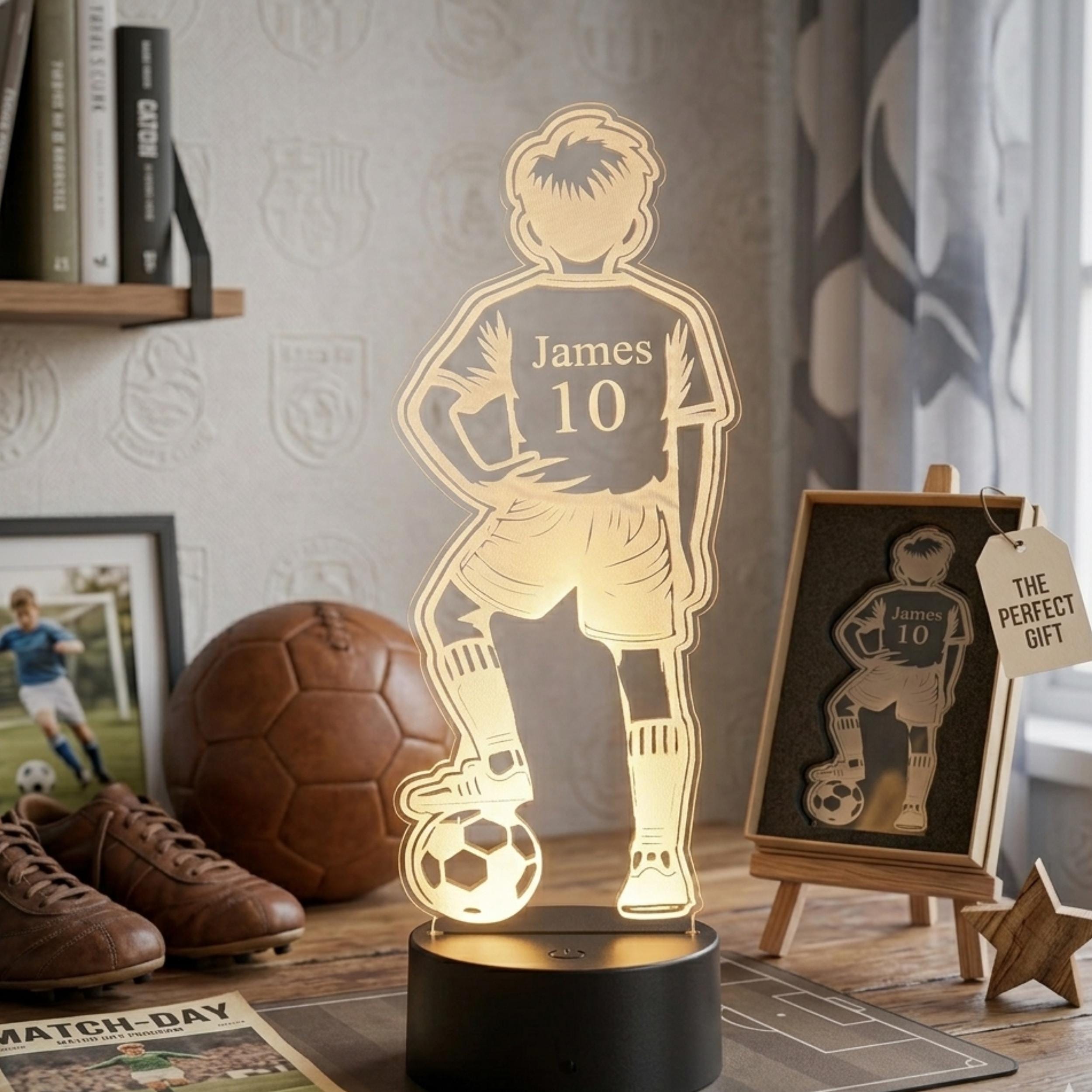 Personalised 3D Footballer LED Lamp, Custom Name Boys Bedroom Light, Remote Control Night Light
