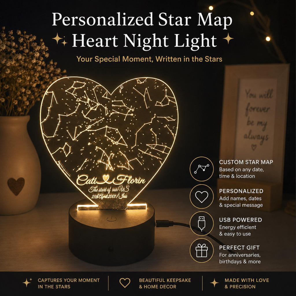 Personalized Heart Star Map Night Light, Custom Constellation Gift