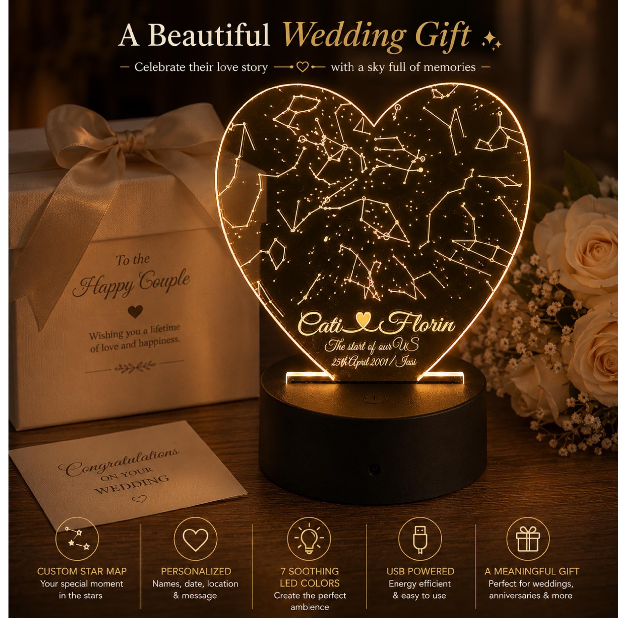 Personalized Heart Star Map Night Light, Custom Constellation Gift