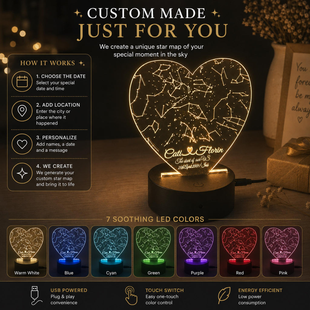 Personalized Heart Star Map Night Light, Custom Constellation Gift